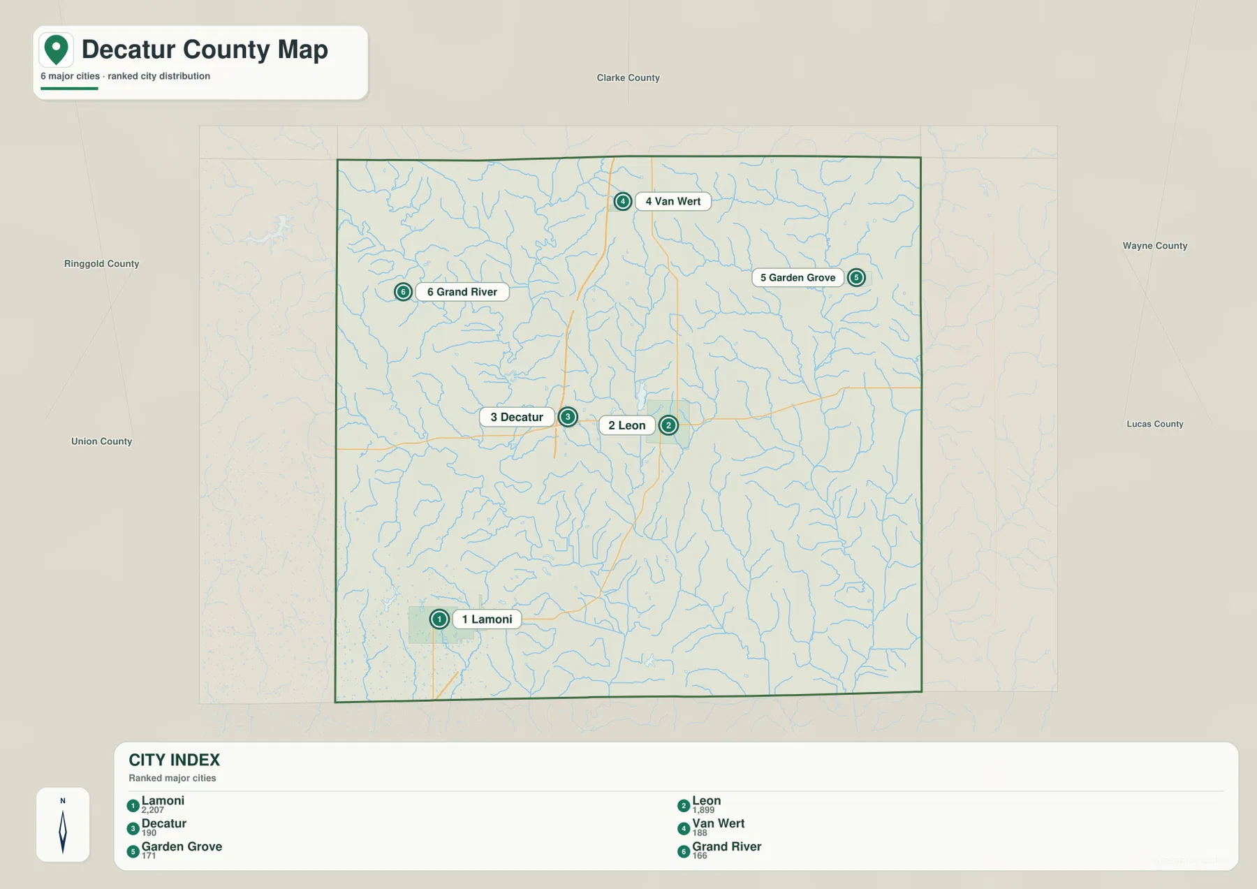 Decatur County Iowa city map with Lamoni Leon Decatur Van Wert Garden Grove and Grand River