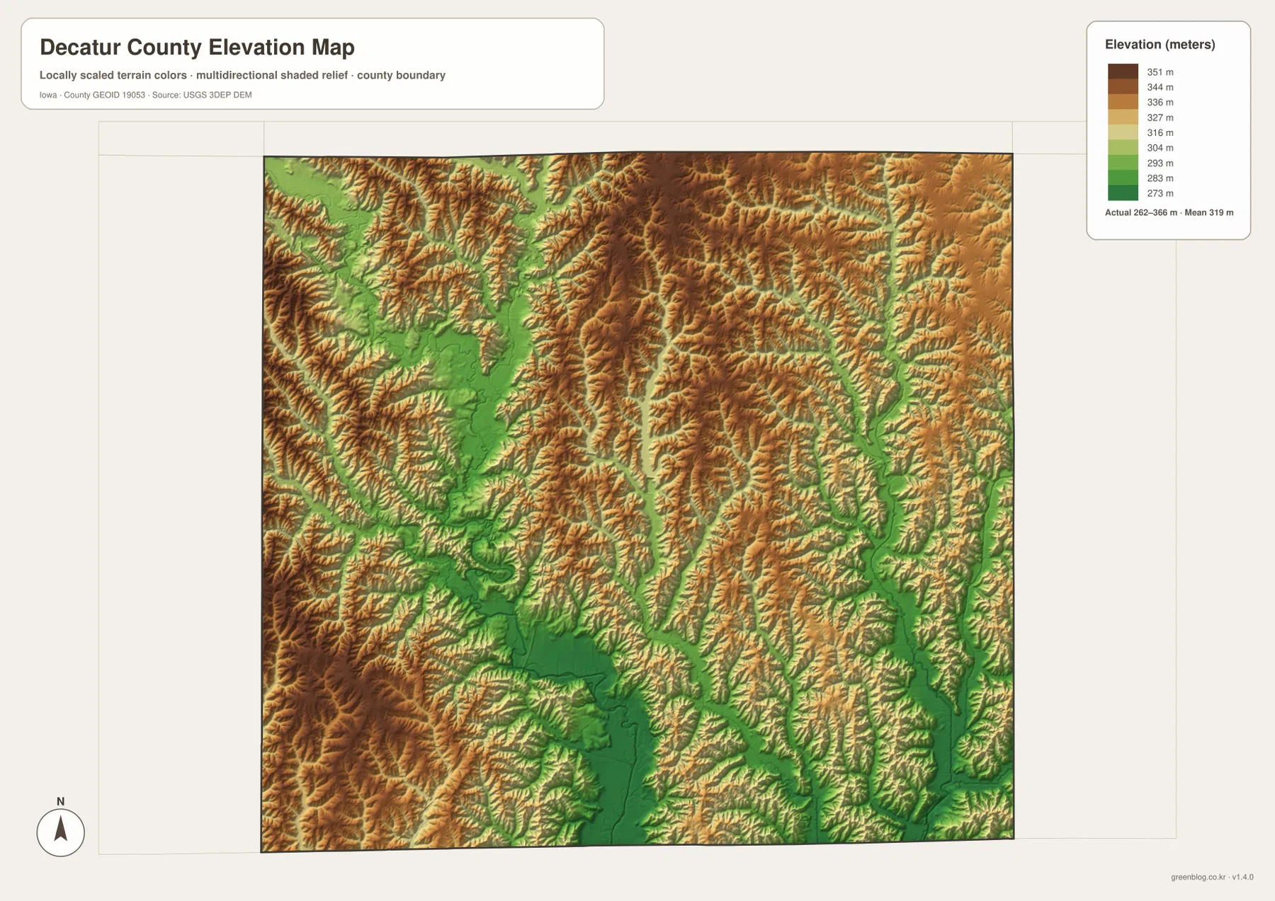 Decatur County Iowa elevation map 262 to 366 meters with Grand River and Little River valleys
