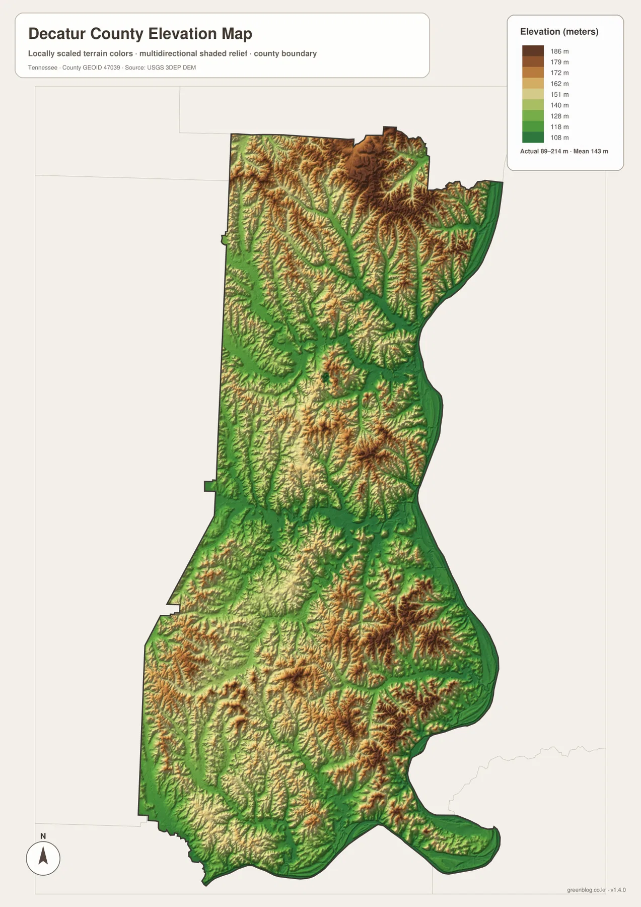 89~214m 고도 범위와 Tennessee River 저지대, 내부 구릉을 보여 주는 디케이터 카운티 고도 지도