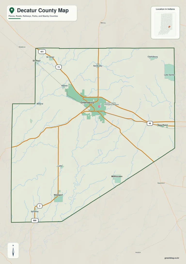 인디애나주 디케이터 카운티(Decatur County) 지도 – Flatrock River 계곡과 Vernon Fork 구릉