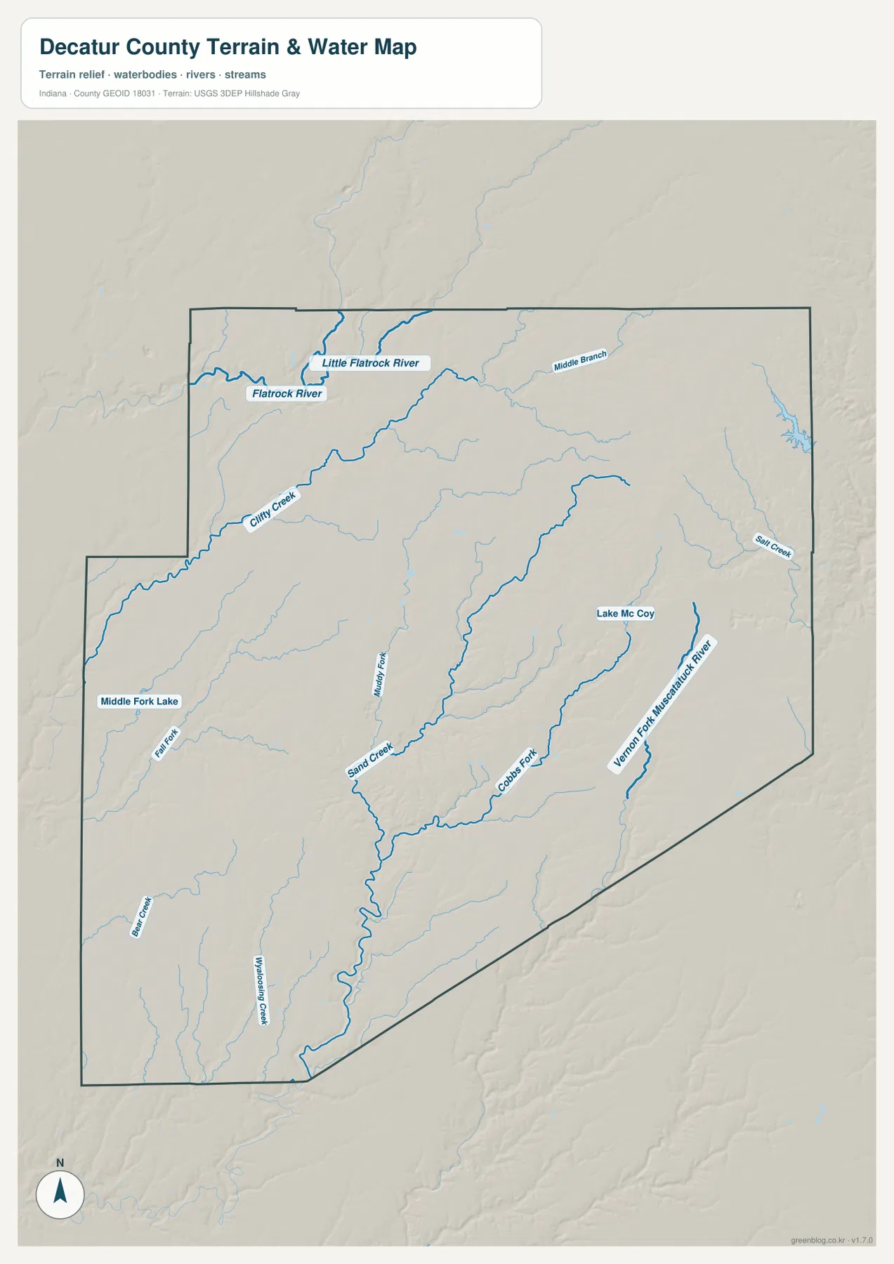 Decatur County 지형 수역 지도에서 Flatrock River, Little Flatrock River, Clifty Creek, Sand Creek, Cobb Fork, Vernon Fork Muscatatuck River와 Lake McCoy를 표시한 모습