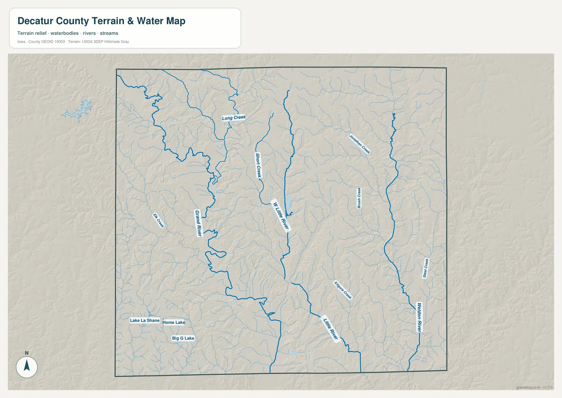 Decatur County Iowa water map with Grand River Little River Weldon River and Long Creek