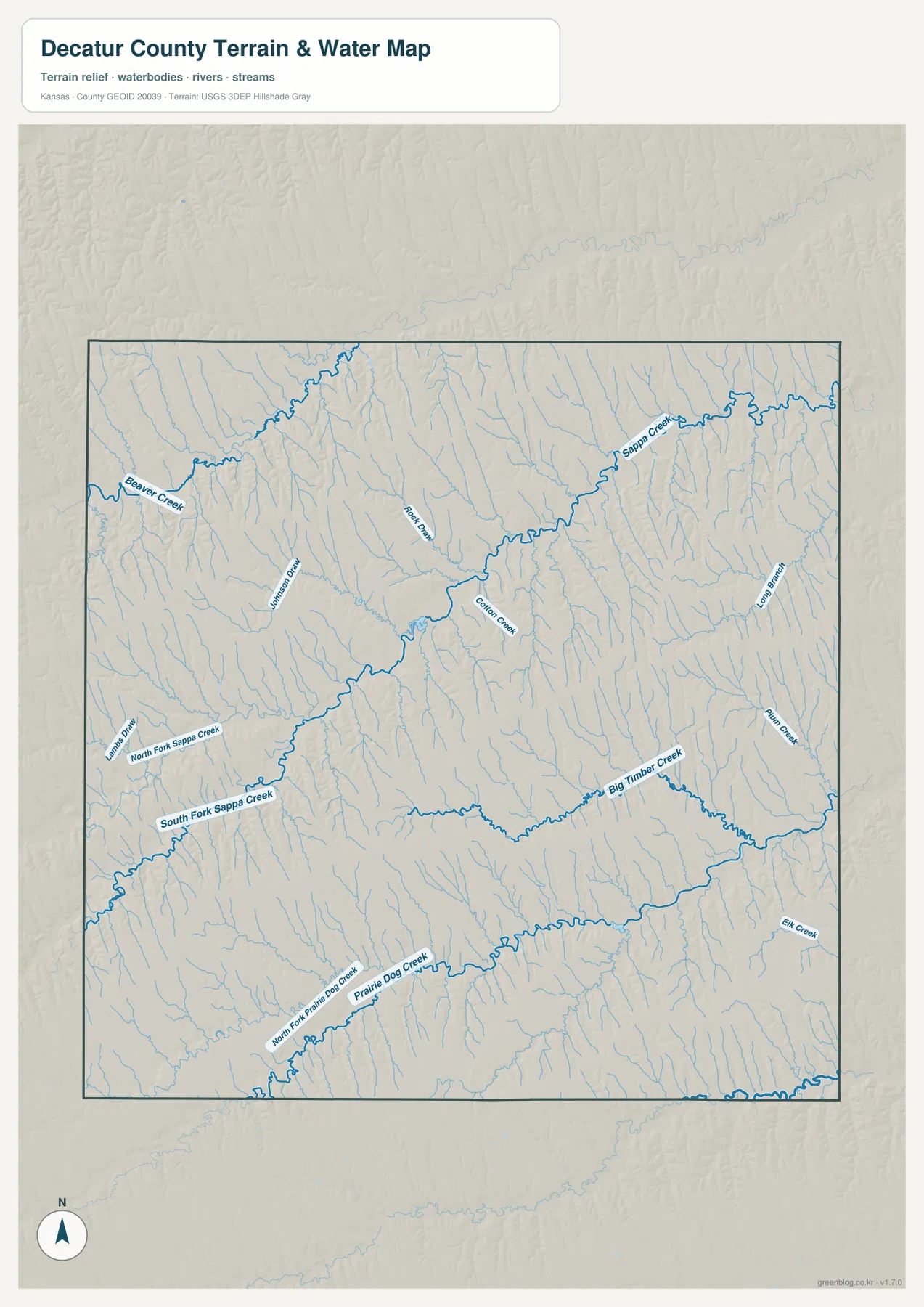 디케이터 카운티 수역 지도에 표시된 Sappa Creek, South Fork Sappa Creek, Big Timber Creek, Prairie Dog Creek과 주요 지류