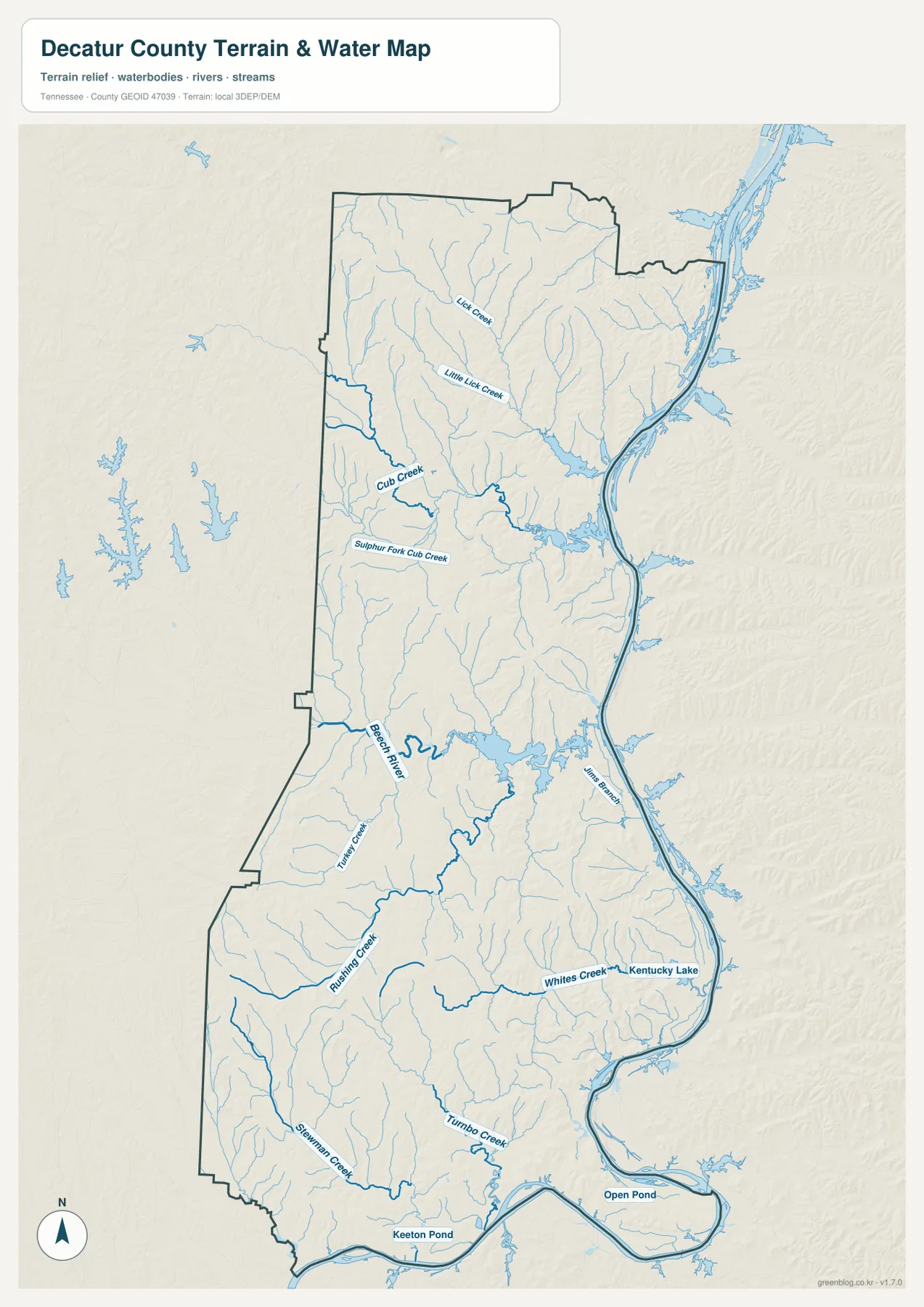 Tennessee River, Kentucky Lake, Beech River와 여러 지류를 표시한 디케이터 카운티 수역 지도