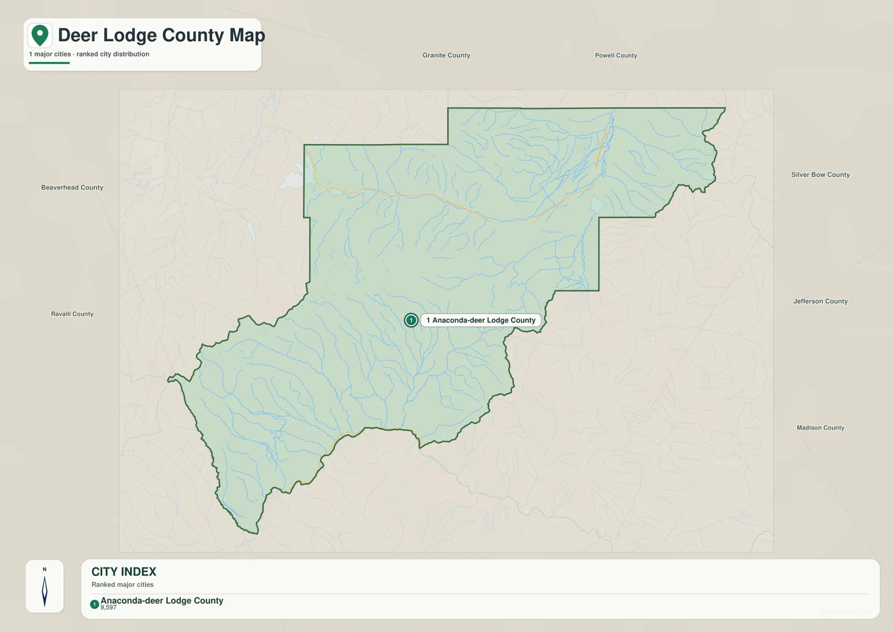 Deer Lodge County city map highlighting Anaconda-Deer Lodge County as the ranked urban area