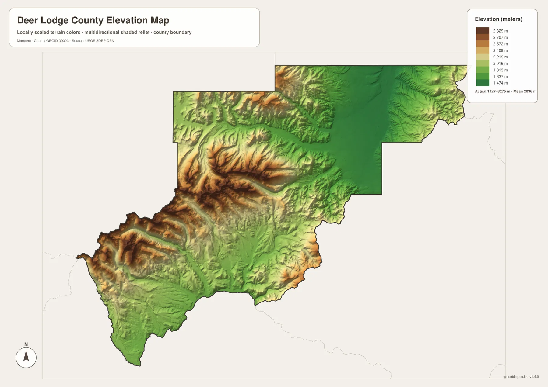 Deer Lodge County Montana elevation map showing an actual range of 1427 to 3275 meters and a mean of 2036 meters