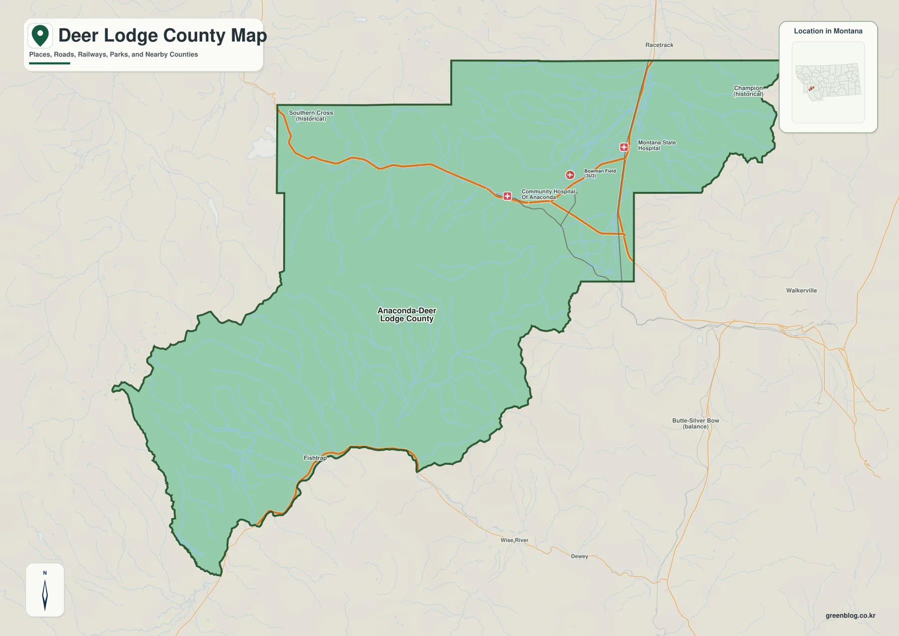 Deer Lodge County Montana map showing the Anaconda area, Community Hospital of Anaconda, Bowman Field, Southern Cross, and Fishtrap