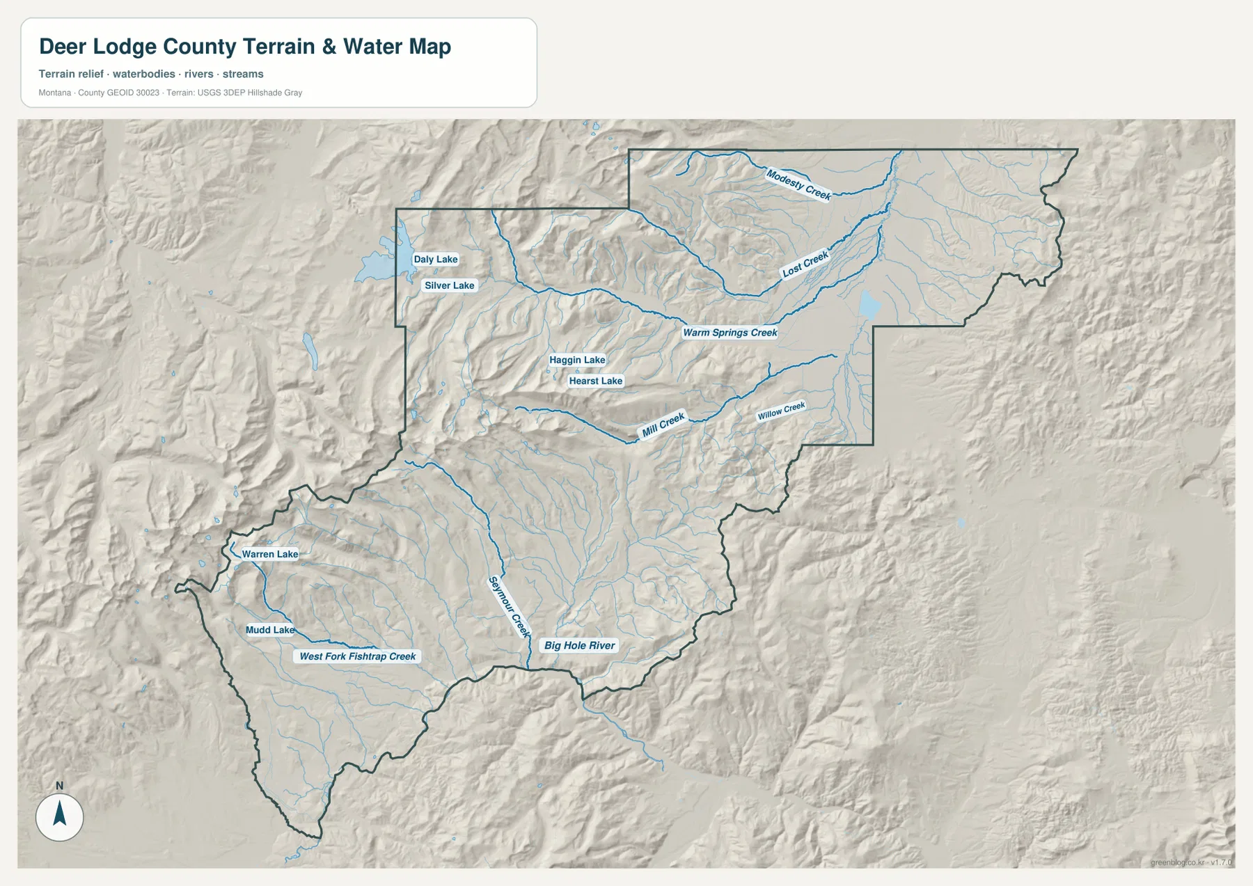 Deer Lodge County terrain and water map showing Warm Springs Creek, Lost Creek, Mill Creek, Big Hole River, and mountain lakes