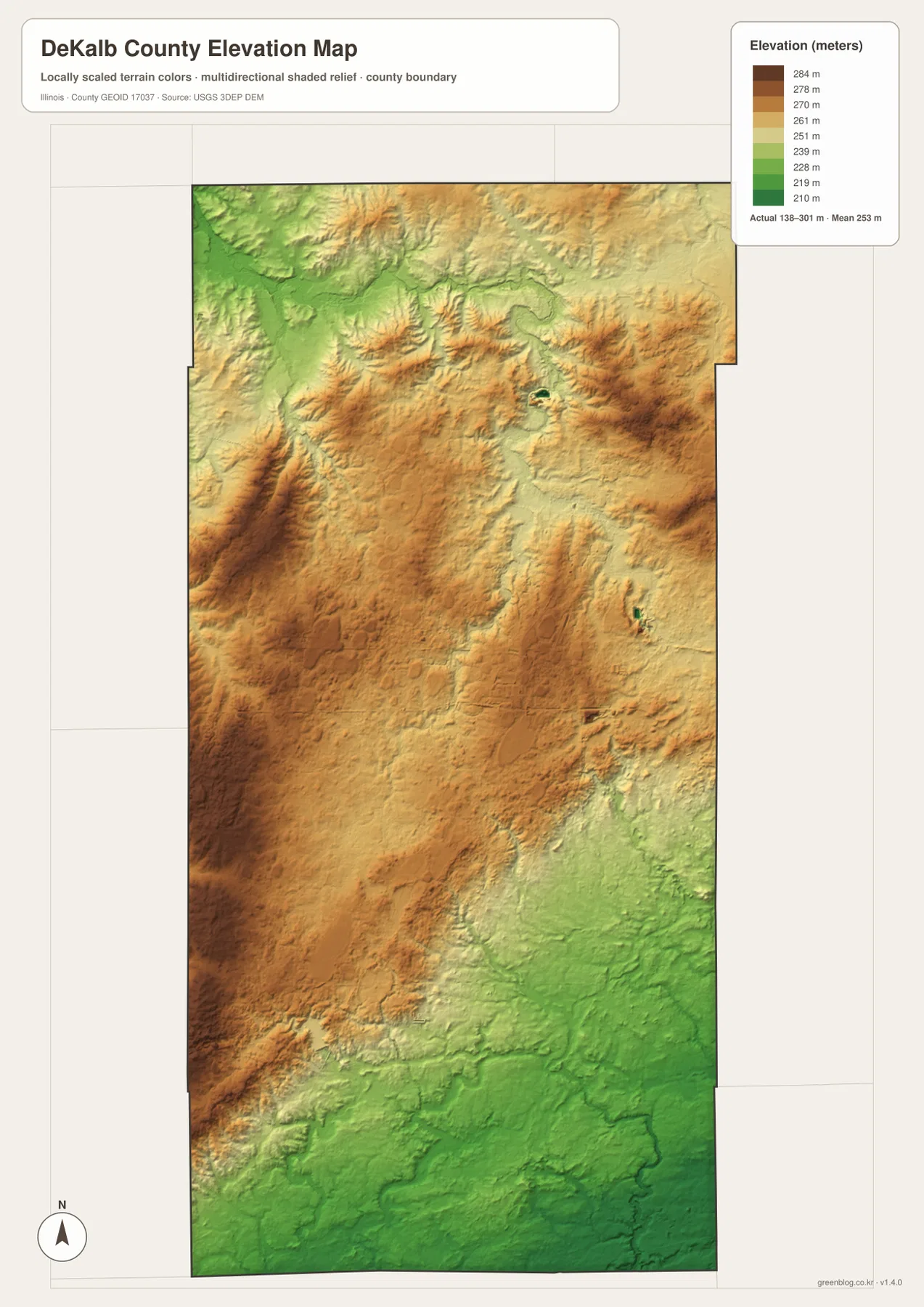 DeKalb County Illinois elevation map showing higher central and northern ground and lower southern terrain across an actual range of about 138 to 301 meters