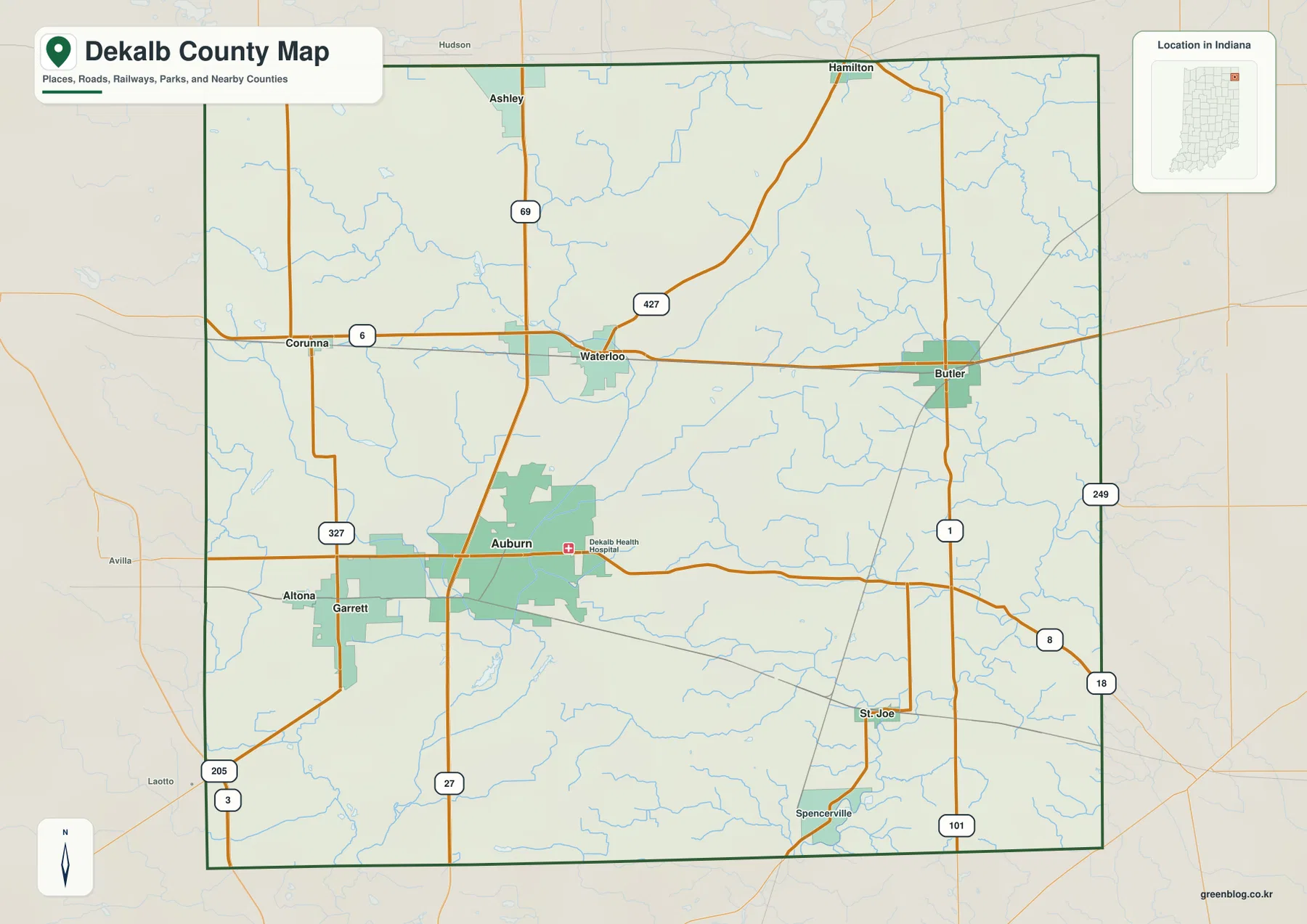 인디애나 DeKalb County 기본 지도에서 Auburn, Garrett, Waterloo, Butler, Ashley와 I-69, US 6, State Road 8을 표시한 모습