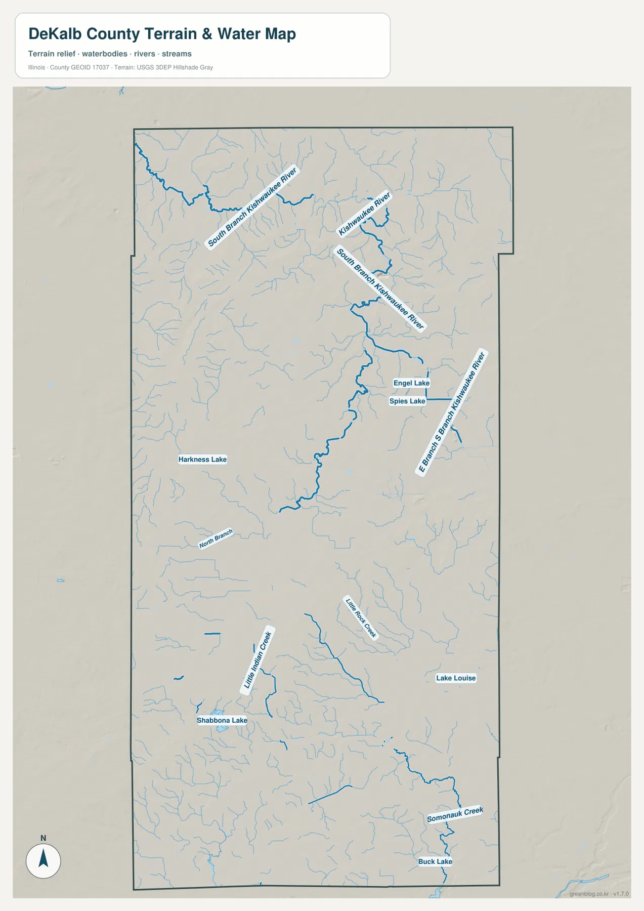 DeKalb County Illinois terrain and water map showing Kishwaukee River, South Branch Kishwaukee River, Little Indian Creek, Little Rock Creek, Shabbona Lake, Somonauk Creek, and named lakes