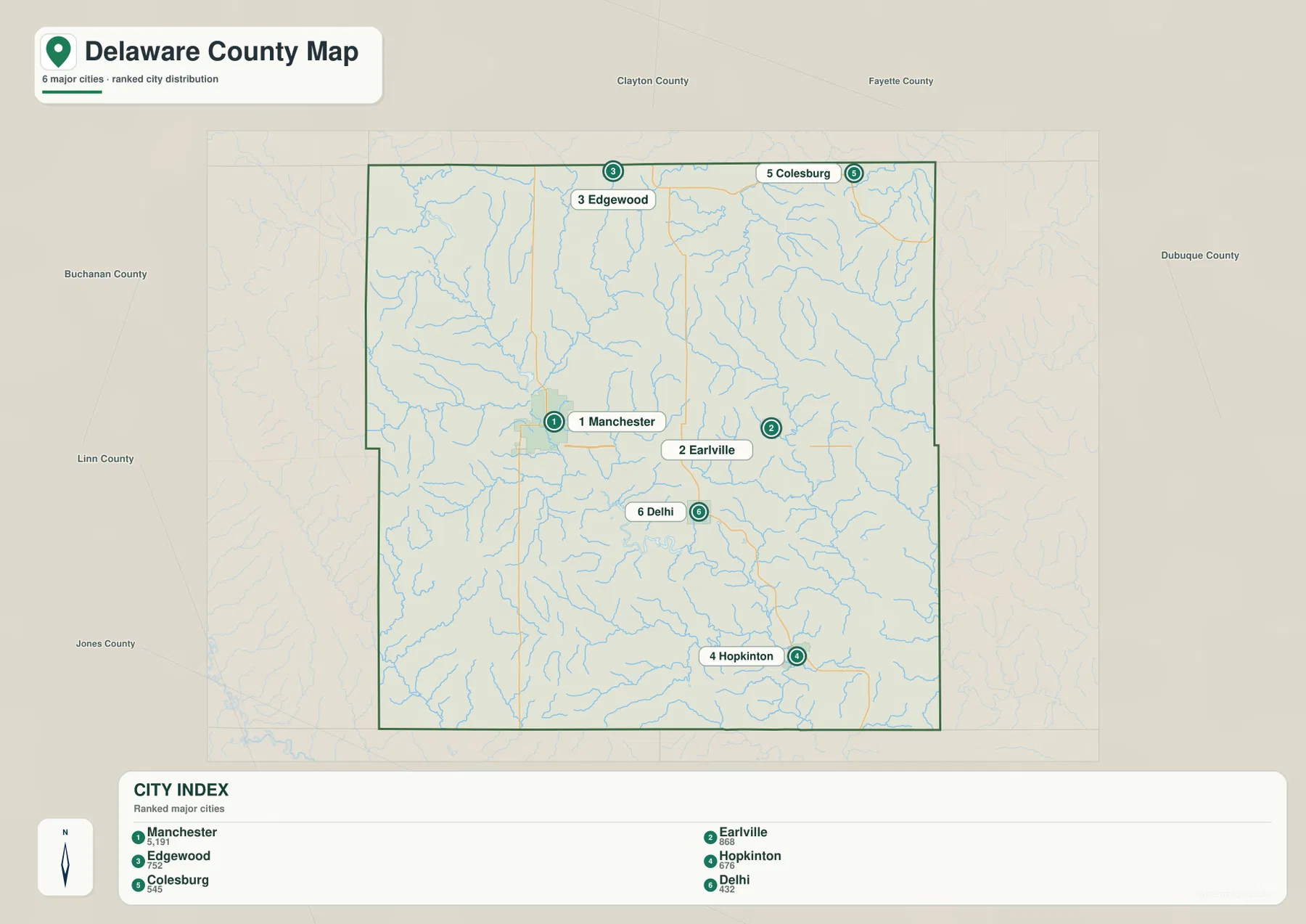 Delaware County Iowa city map Manchester Earlville Edgewood Hopkinton Colesburg Delhi