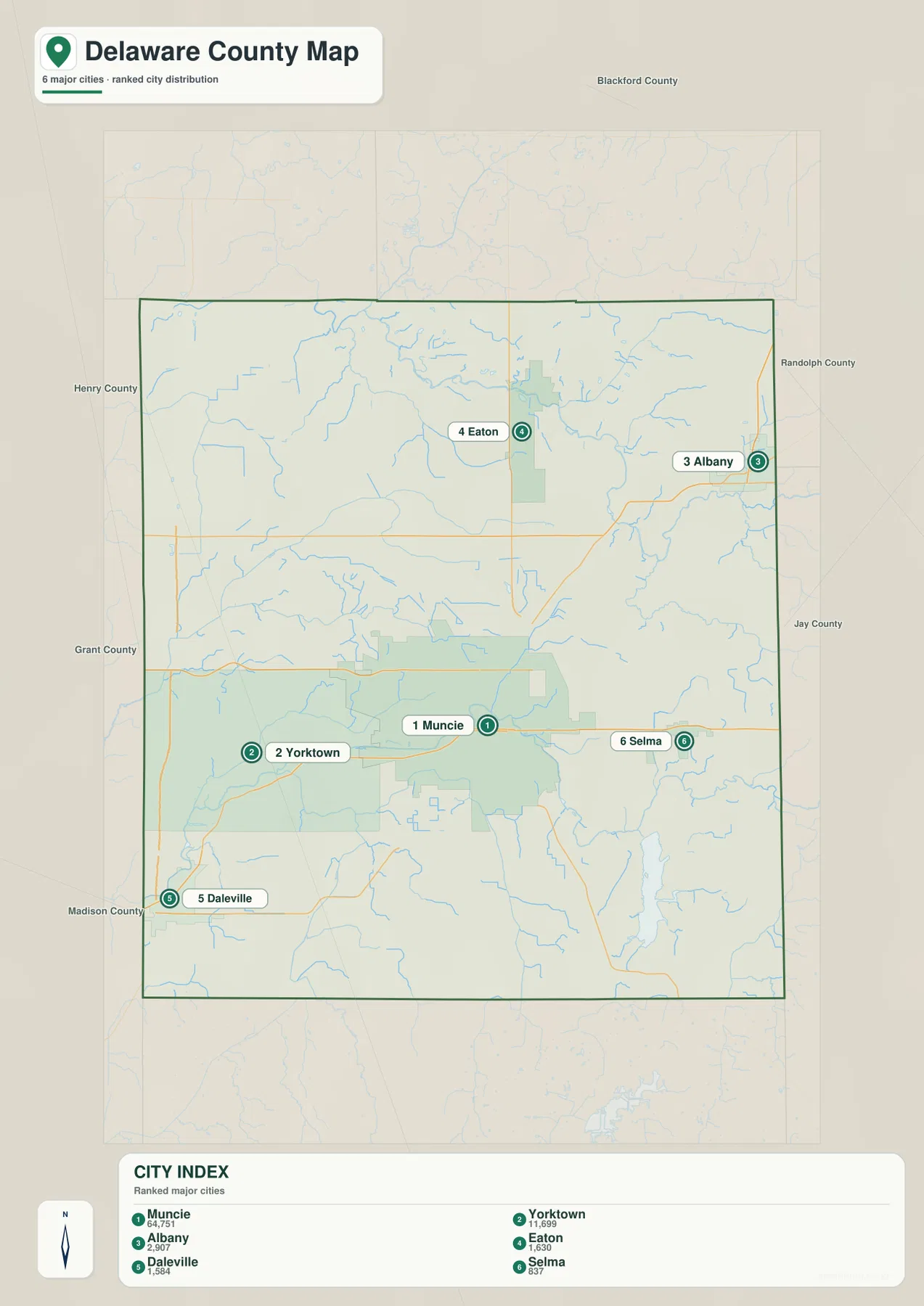 Delaware County 도시 분포 지도에서 Muncie, Yorktown, Albany, Eaton, Daleville, Selma의 순위와 위치를 표시한 모습