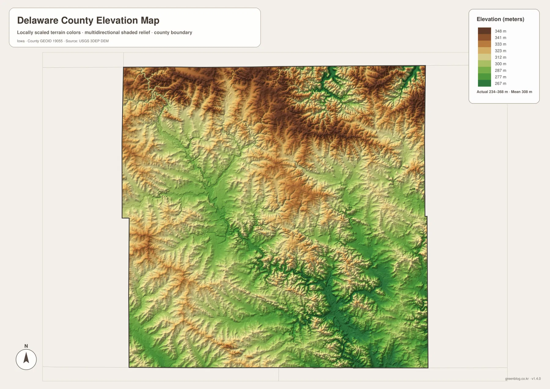 Delaware County Iowa elevation map 234 to 368 meters northern ridges Maquoketa River valleys
