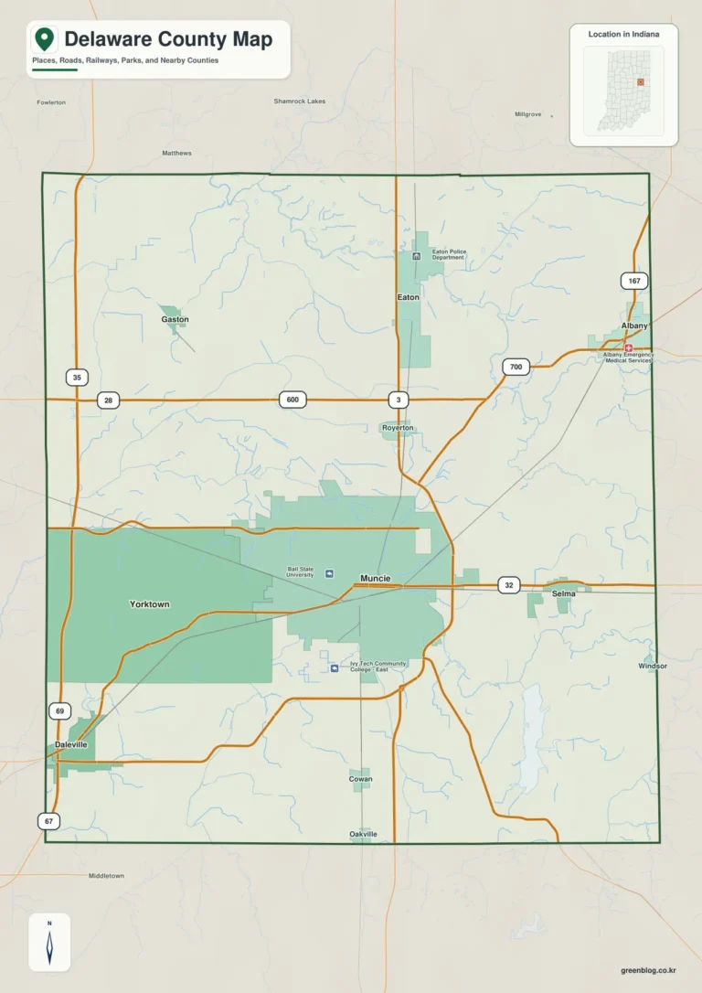 인디애나주 델라웨어 카운티(Delaware County) 지도 – Muncie와 Mississinewa River·Prairie Creek Reservoir