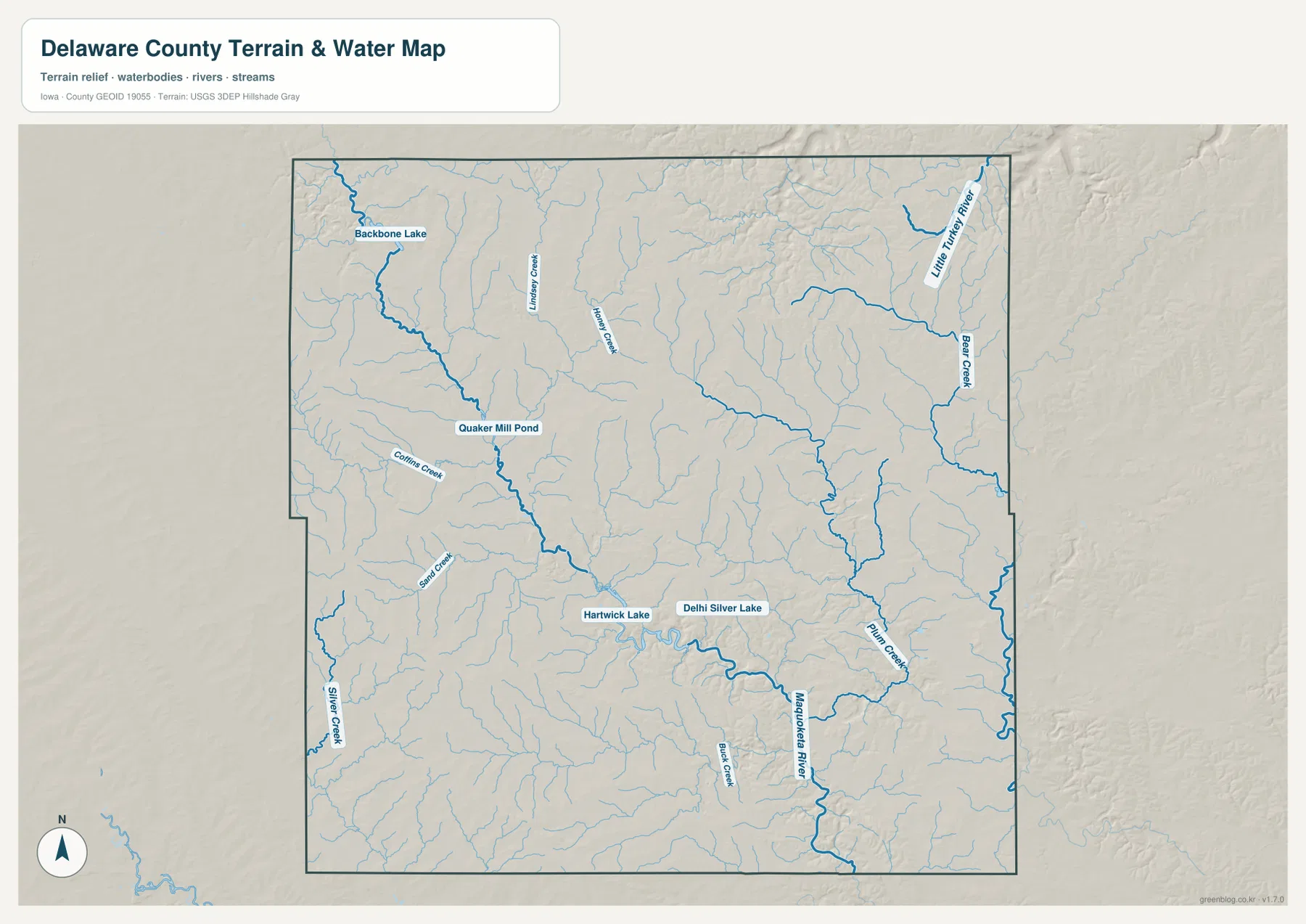 Delaware County Iowa water map Maquoketa River Little Turkey River Backbone Lake Delhi Silver Lake