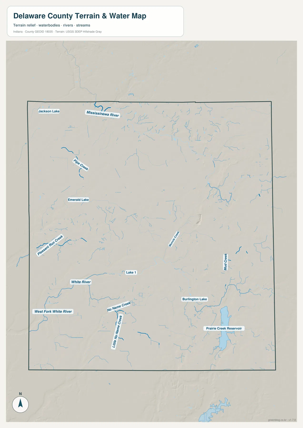 Delaware County 지형 수역 지도에서 Mississinewa River, White River, West Fork White River, Wilson Creek, Mud Creek와 Prairie Creek Reservoir를 표시한 모습