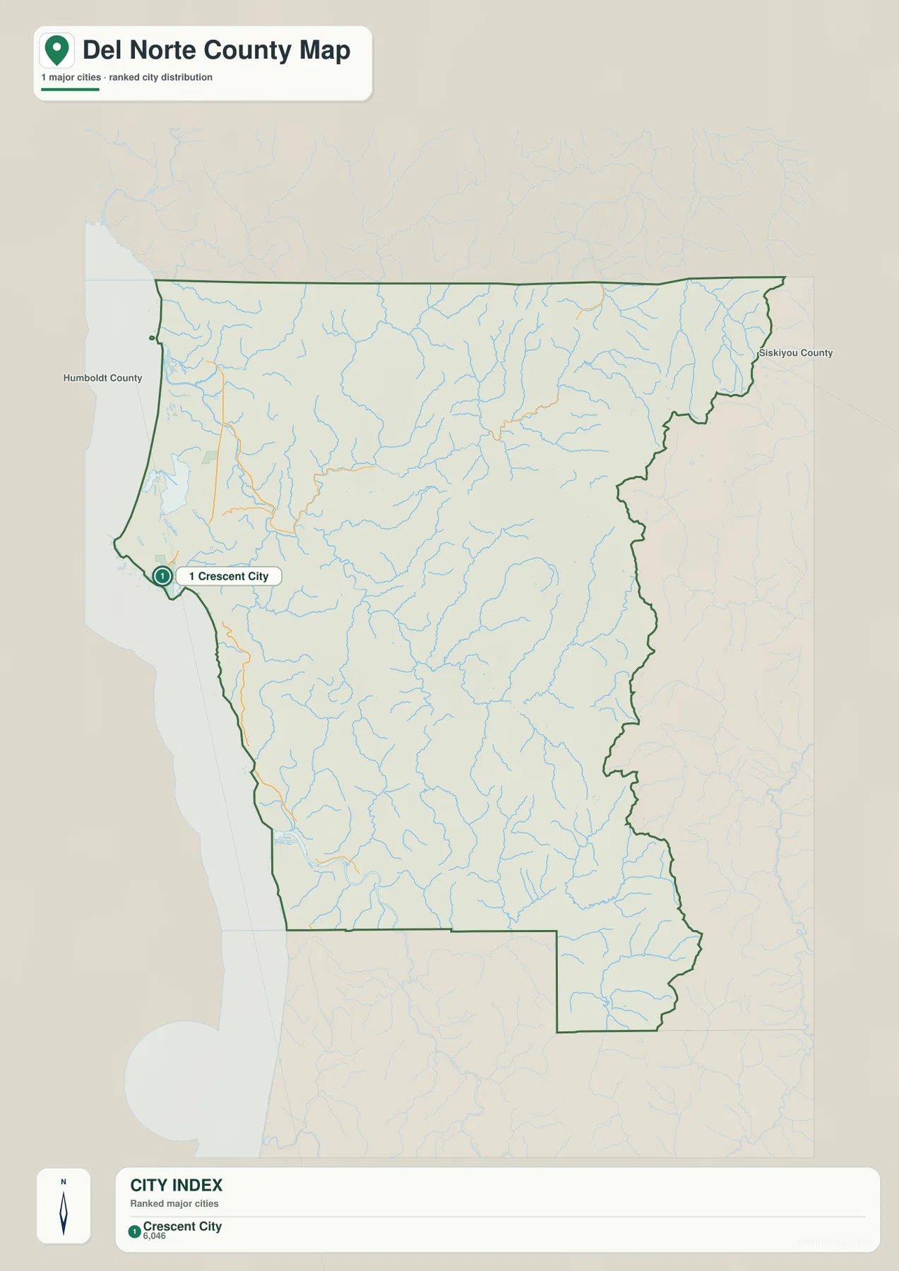 Del Norte County city-distribution map showing Crescent City as the single ranked incorporated city