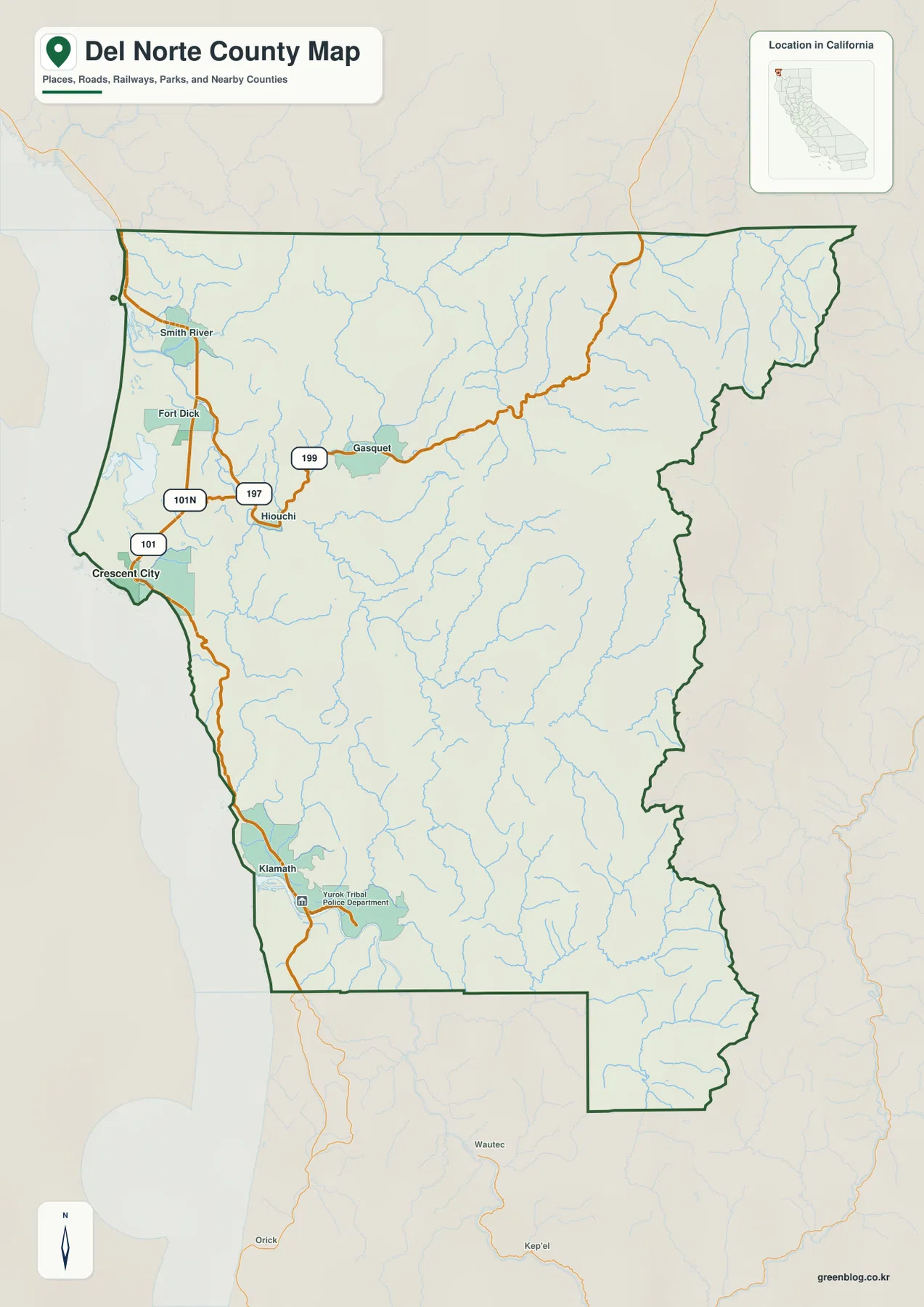 Del Norte County California reference map showing Crescent City, Smith River, Fort Dick, Hiouchi, Gasquet, Klamath, major roads, streams, and the county boundary