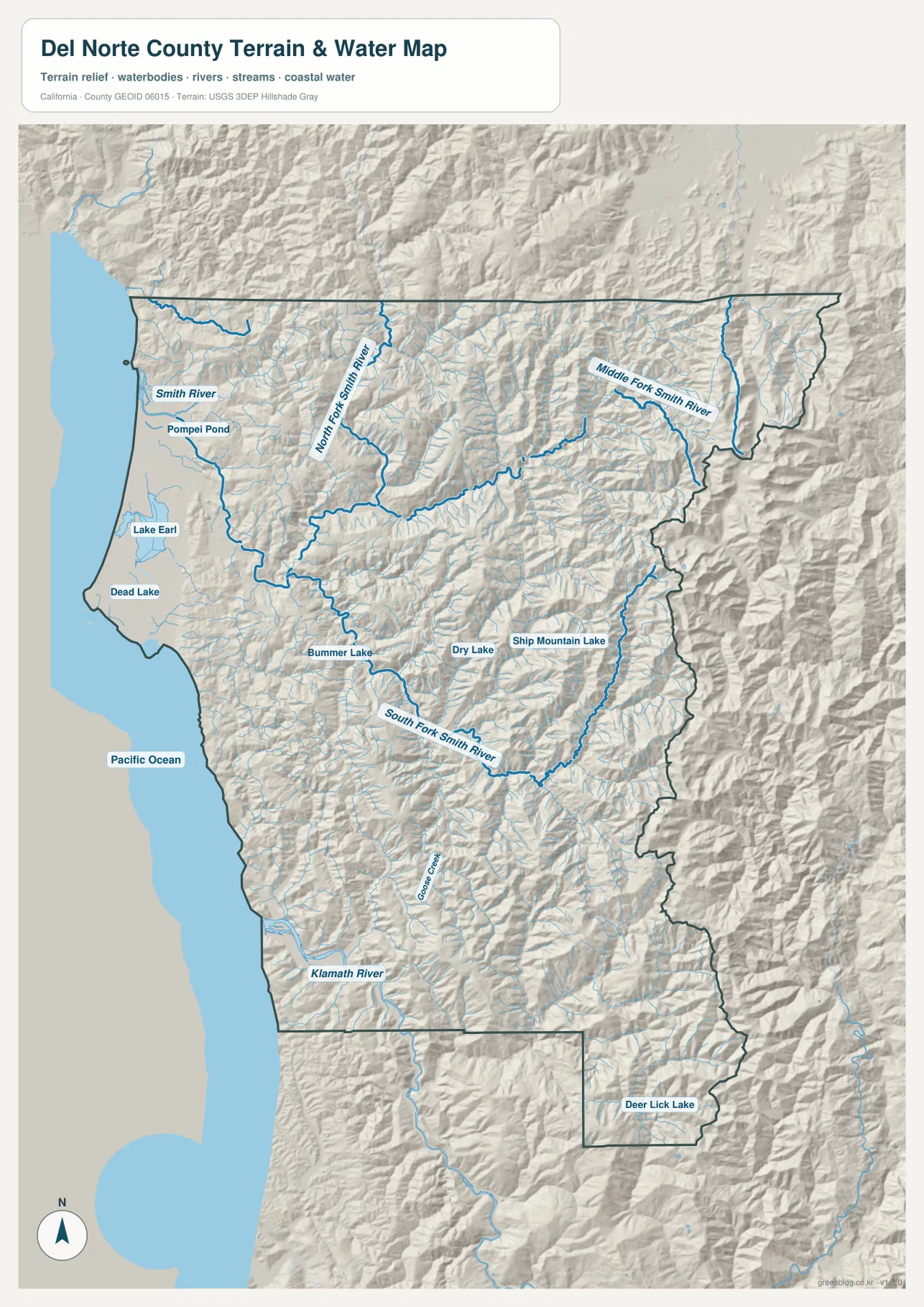 Del Norte County terrain and water map showing Smith River, North Fork Smith River, Middle Fork Smith River, South Fork Smith River, Klamath River, lakes, and Pacific Ocean