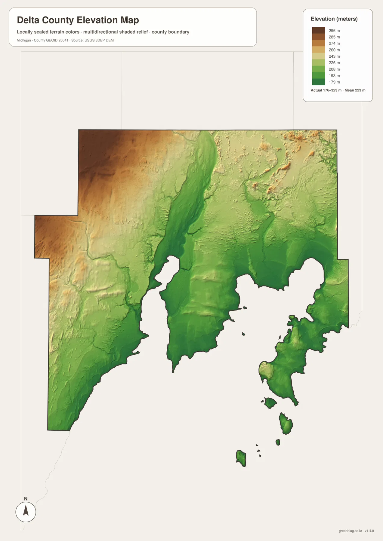 Delta County Michigan elevation map showing high western and northwestern terrain with lower Whitefish River valleys and Green Bay coast