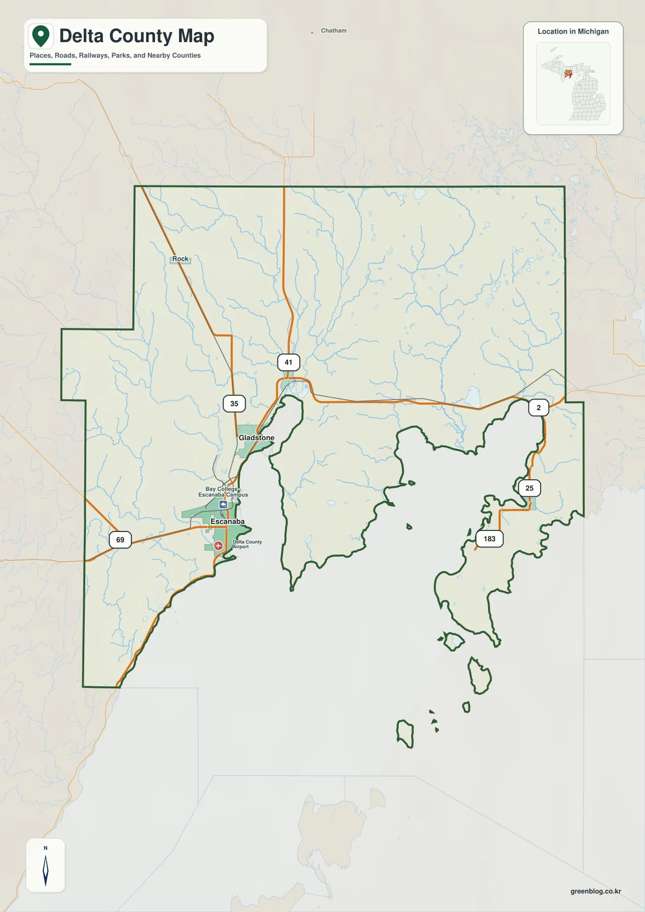 Delta County Michigan map showing Escanaba, Gladstone, Garden, US-2, US-41, M-35, M-69 and M-183