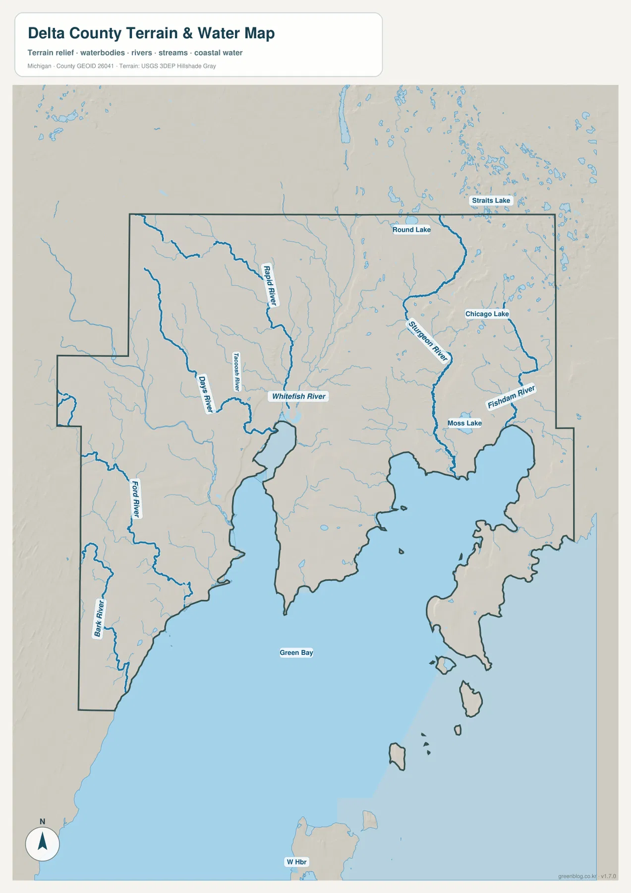 Delta County terrain and water map showing Whitefish River, Rapid River, Sturgeon River, Ford River, Bark River, Days River, Round Lake, Chicago Lake, Moss Lake and Green Bay