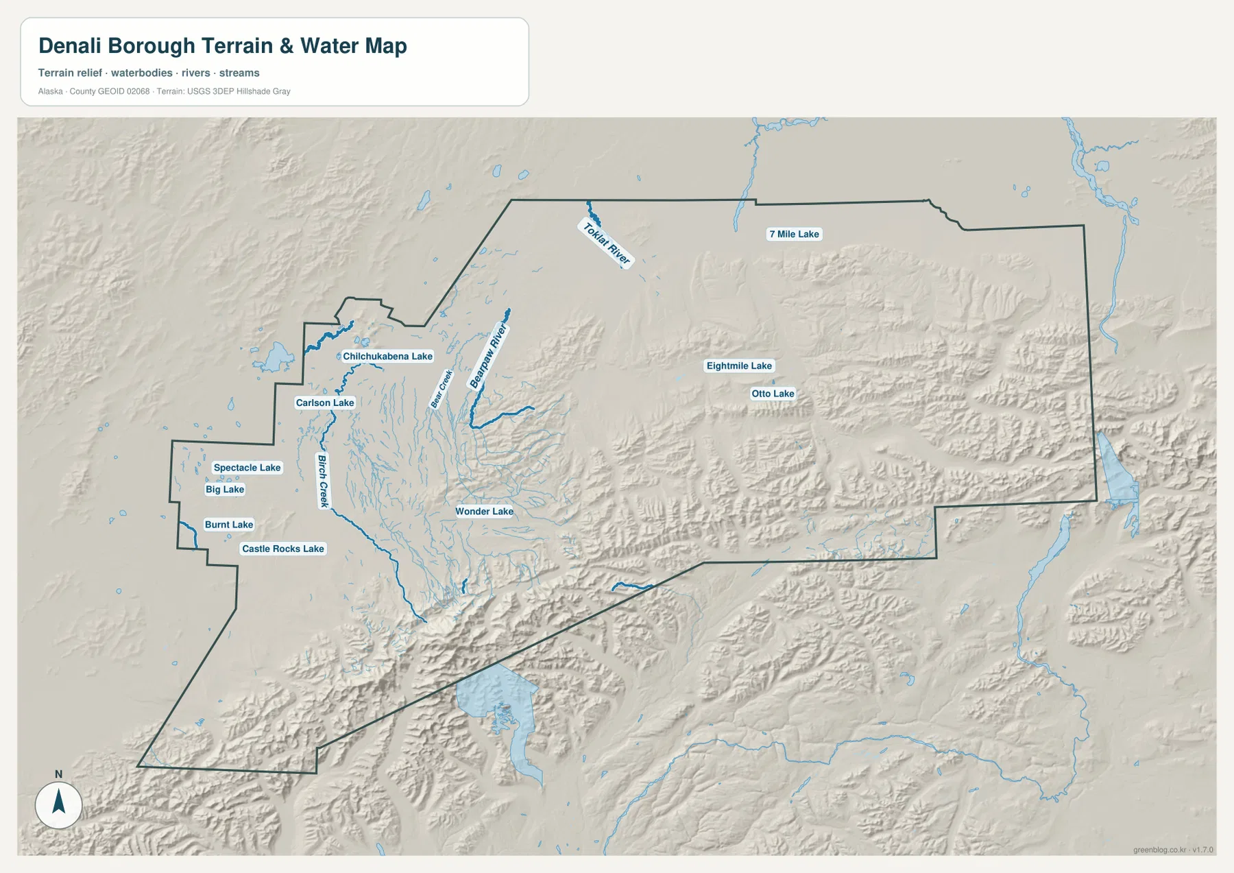 Denali Borough terrain and water map