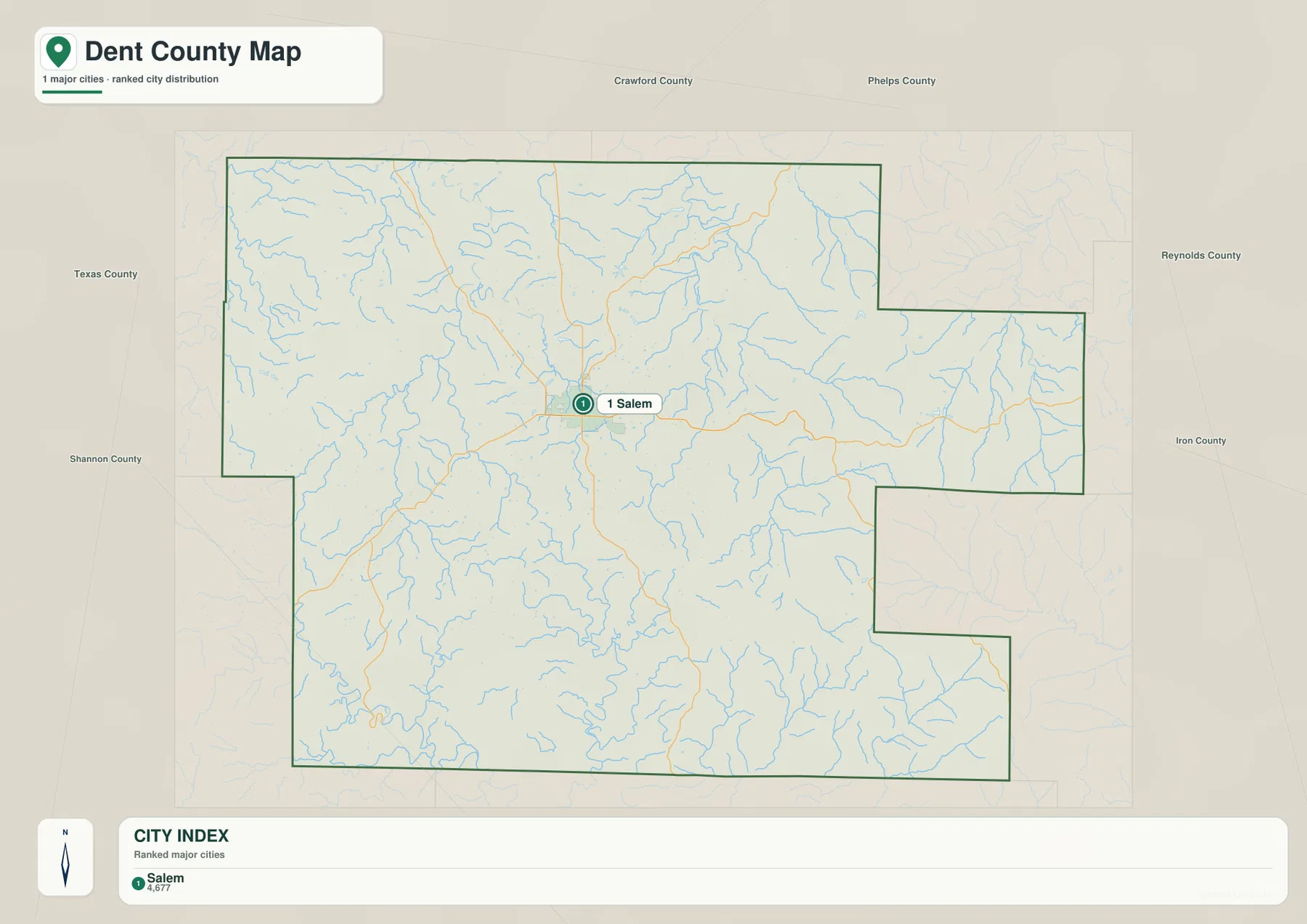 Dent County ranked city map showing Salem