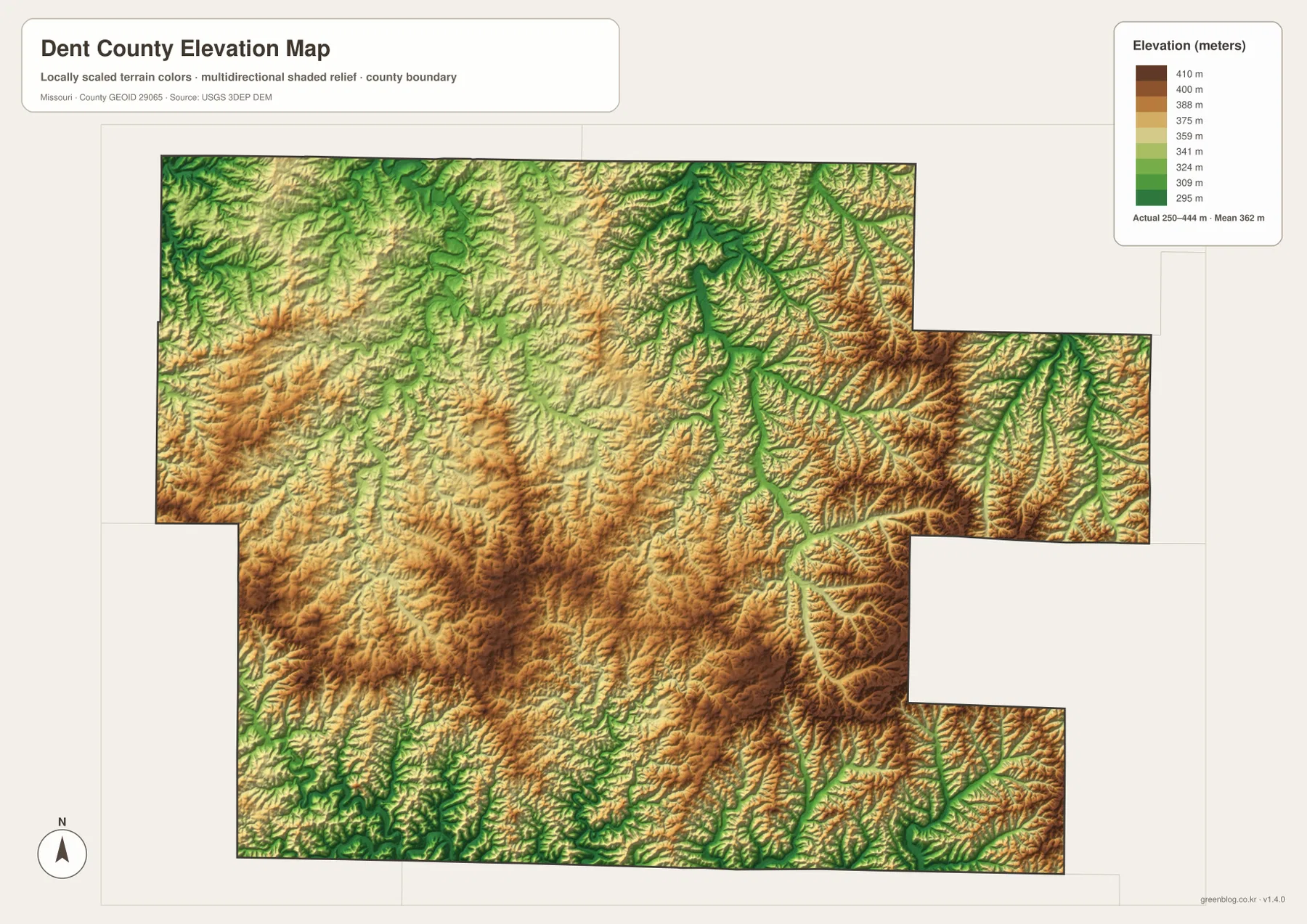Dent County elevation map from 250 to 444 meters