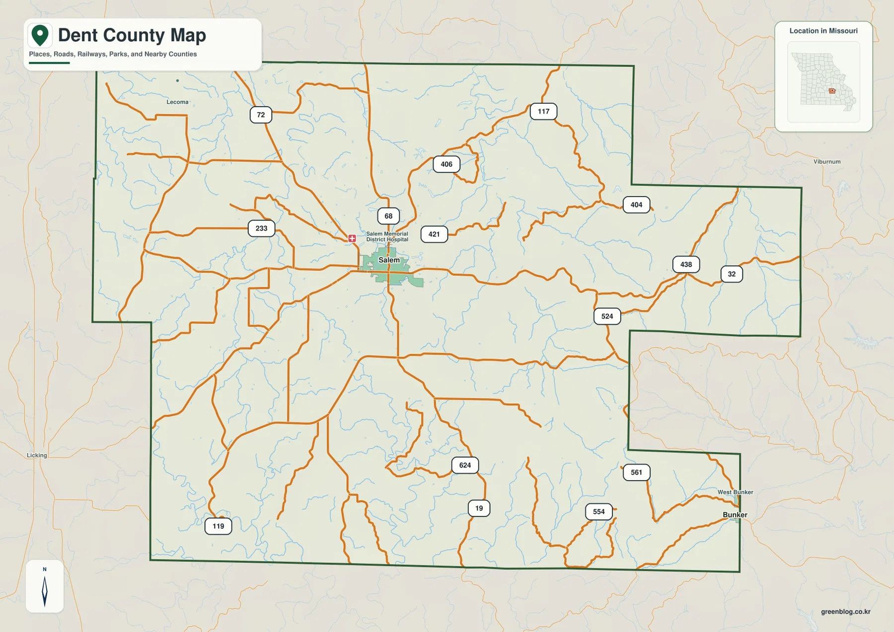 Dent County roads and Salem map