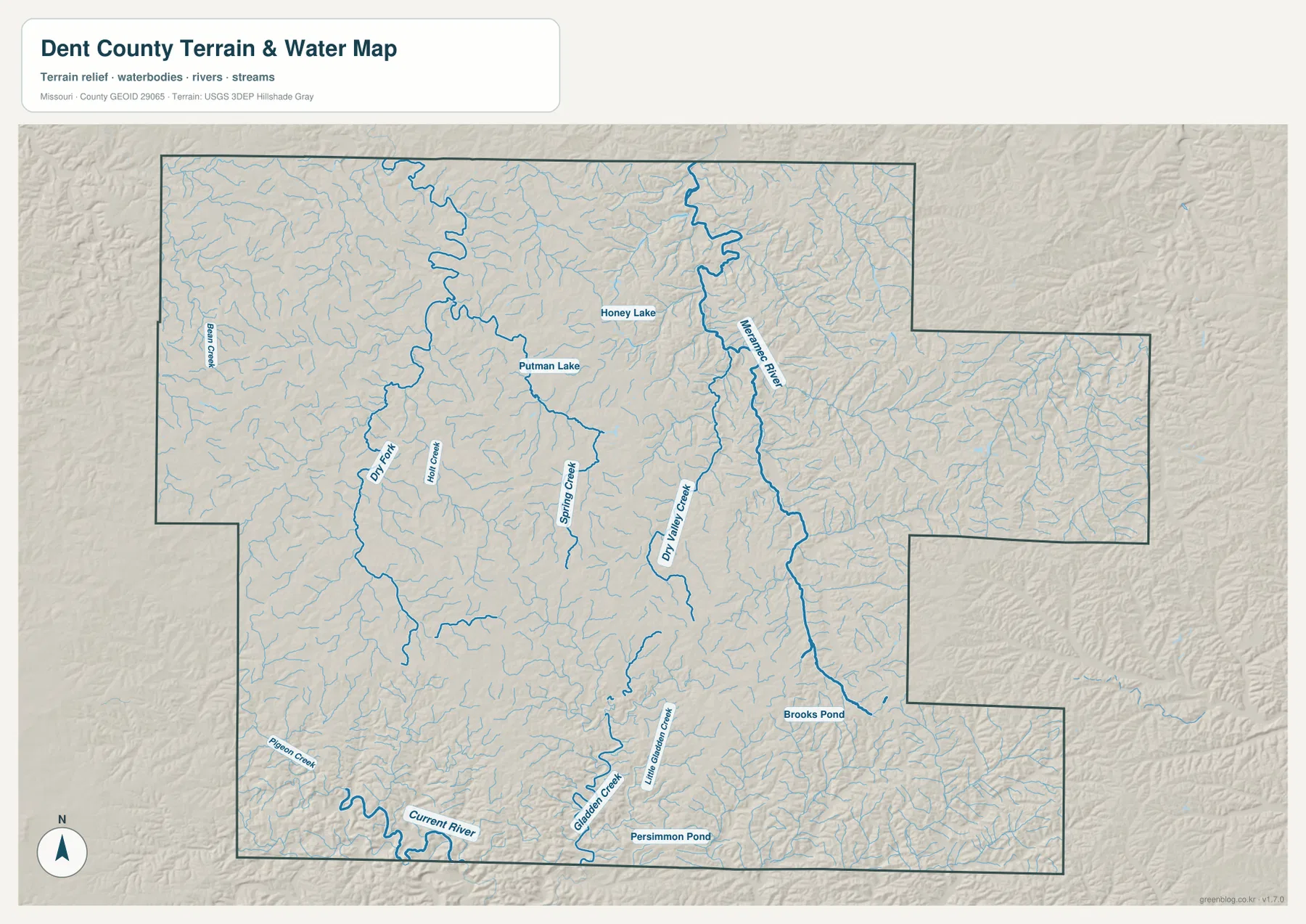 Dent County Meramec River and Current River terrain map