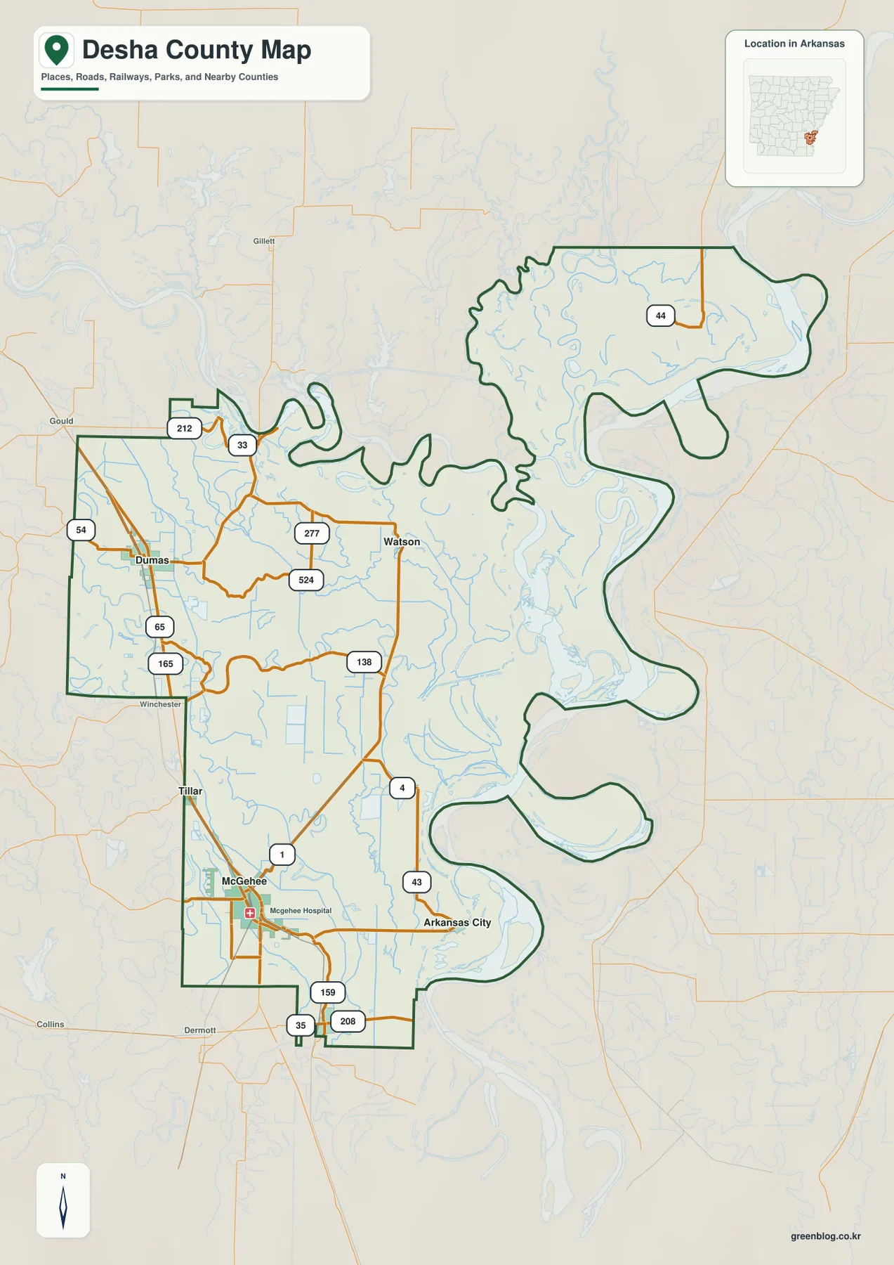 아칸소주 데샤 카운티의 Dumas, McGehee, Arkansas City, Watson과 주요 도로 및 강 경계를 표시한 지도
