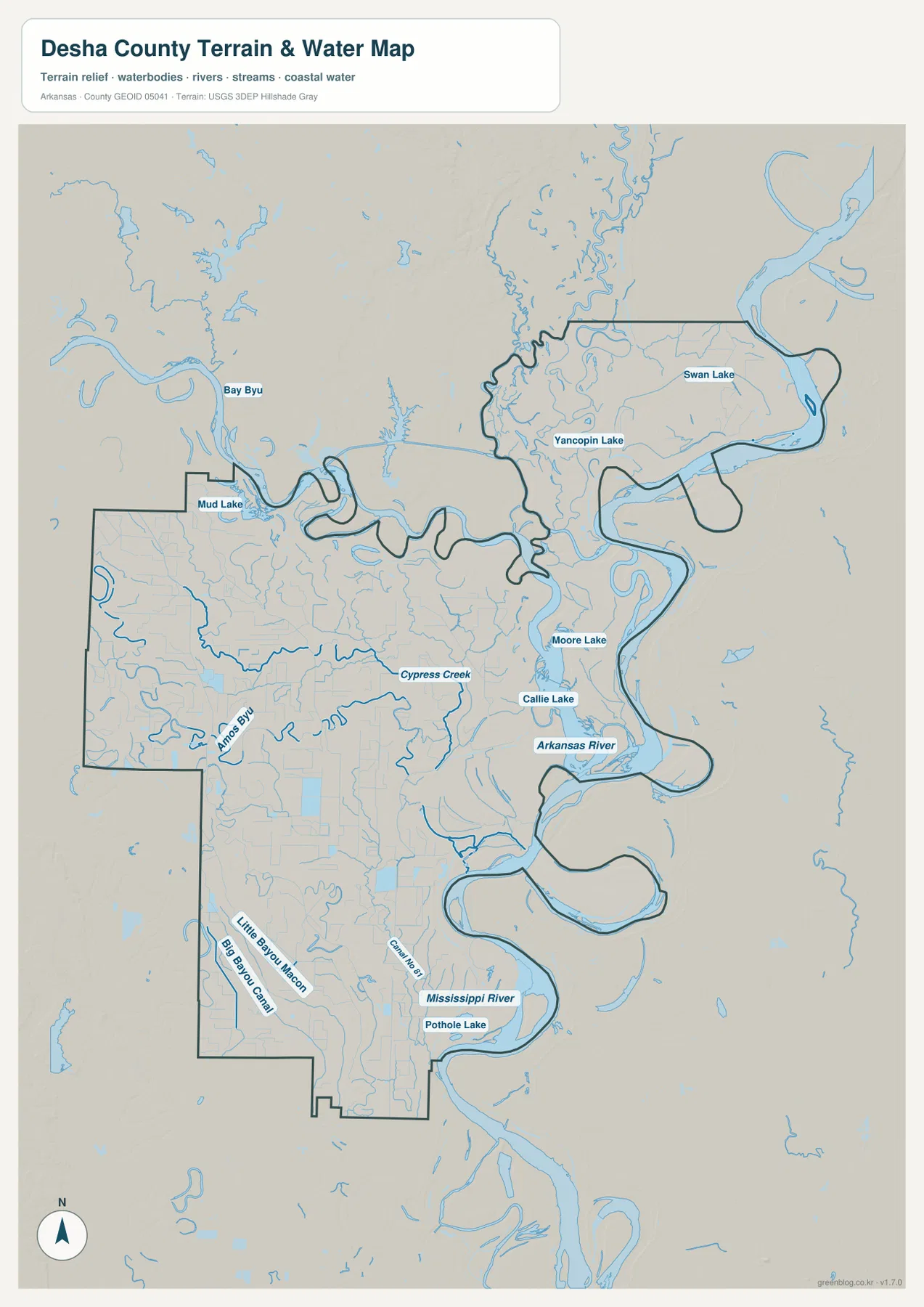 Arkansas River, Mississippi River, Cypress Creek, Yancopin Lake와 여러 호수를 표시한 데샤 카운티 수역 지형 지도