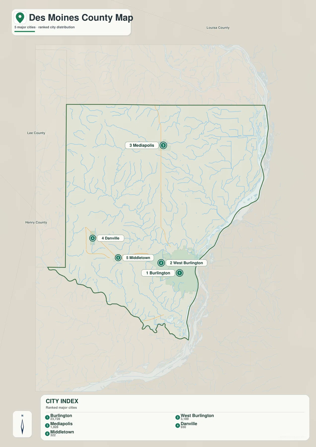 Des Moines County Iowa city map Burlington West Burlington Mediapolis Danville Middletown