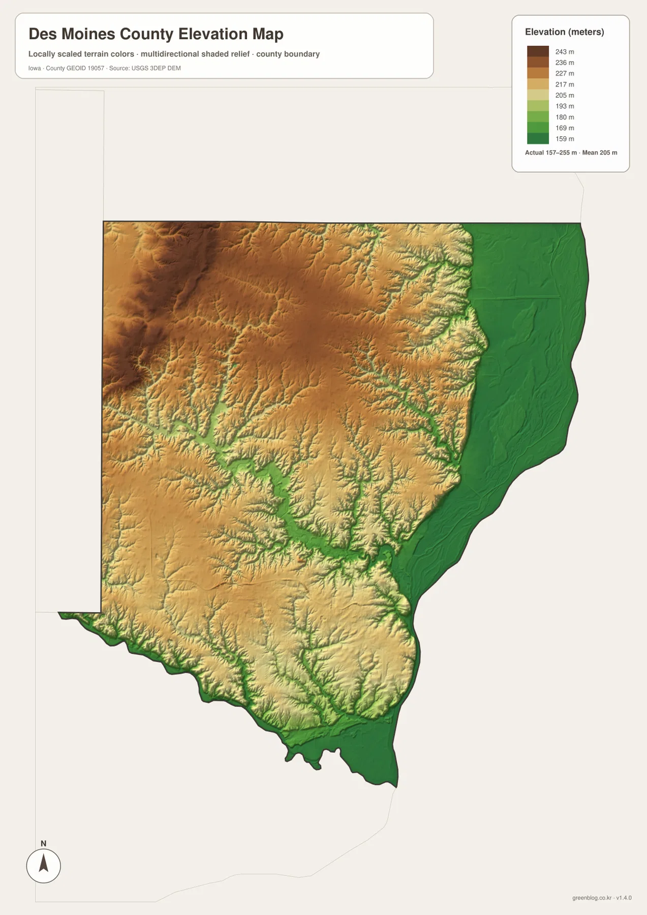 Des Moines County Iowa elevation map 157 to 255 meters Mississippi River Skunk River western uplands