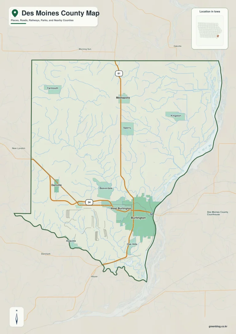 Des Moines County Map – Burlington on the Mississippi, Skunk River Lowlands, and Western Uplands