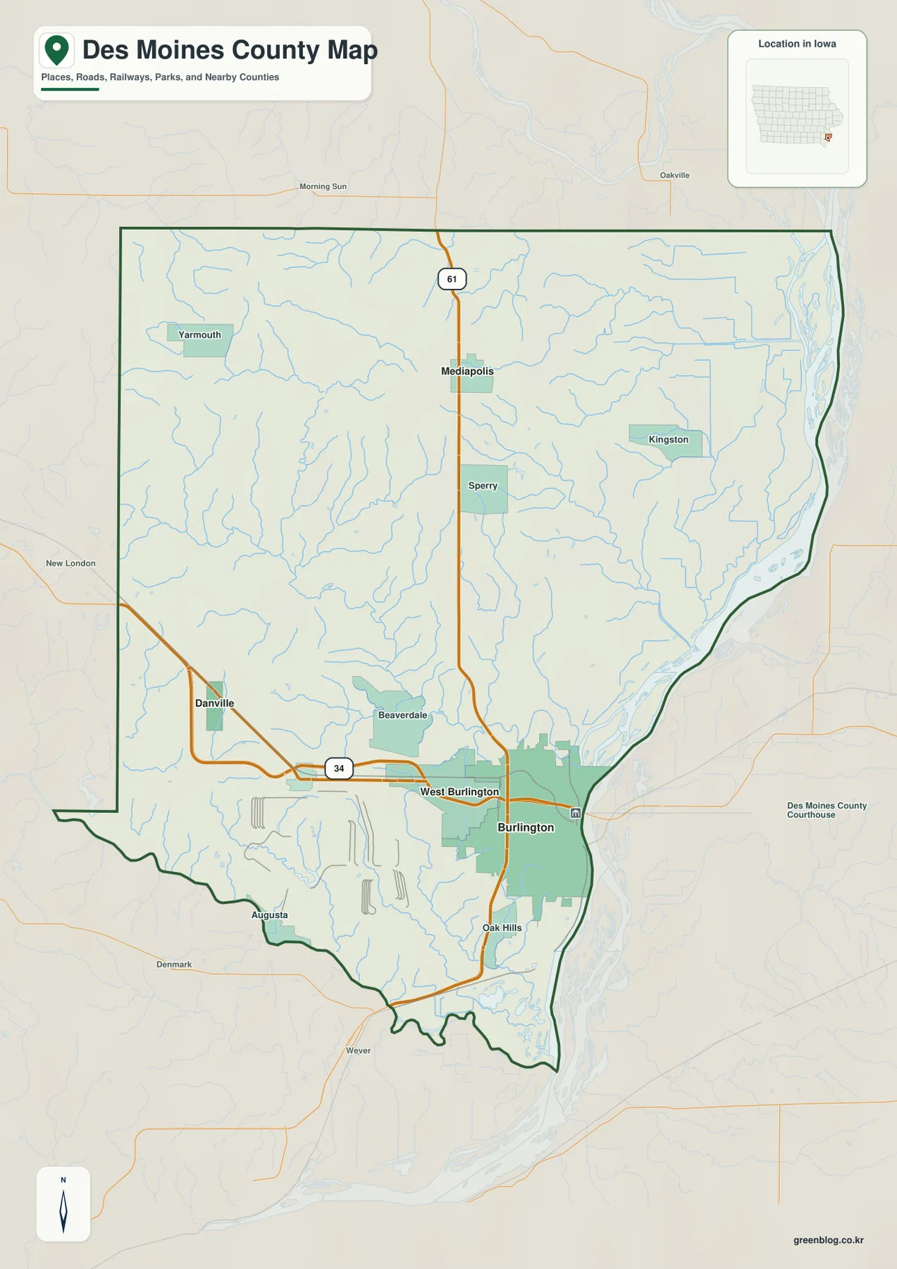 Des Moines County Iowa map Burlington West Burlington U.S. 34 U.S. 61 Mississippi River