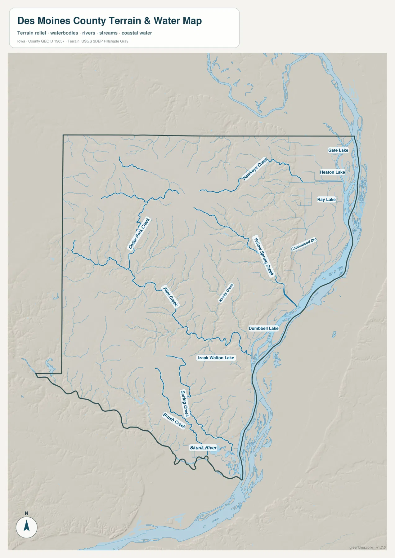 Des Moines County Iowa water map Mississippi River Skunk River Yellow Spring Creek Flint Creek Gate Lake