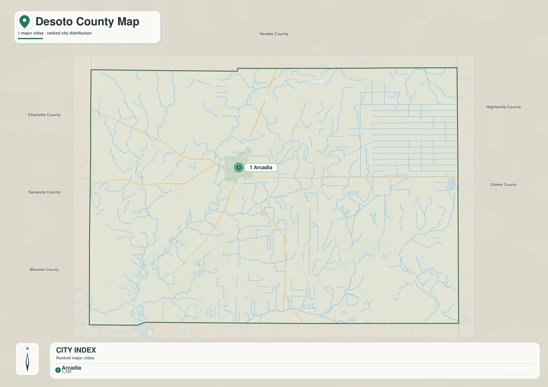 DeSoto County city map highlighting Arcadia as the main ranked city
