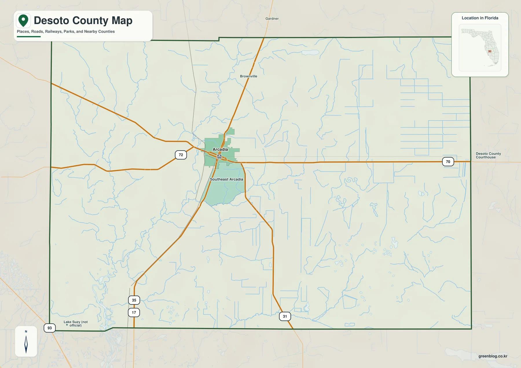 DeSoto County Florida map showing Arcadia, Brownville, Southeast Arcadia, SR 70, US 17, and SR 31