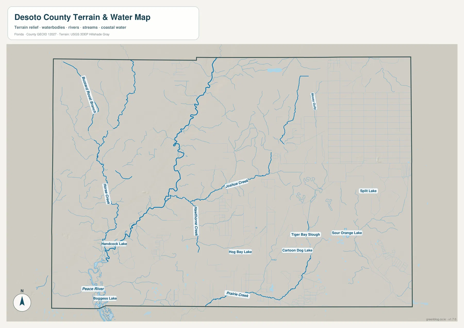 DeSoto County water map showing Peace River, Horse Creek, Joshua Creek, Hawthorne Creek, and lakes