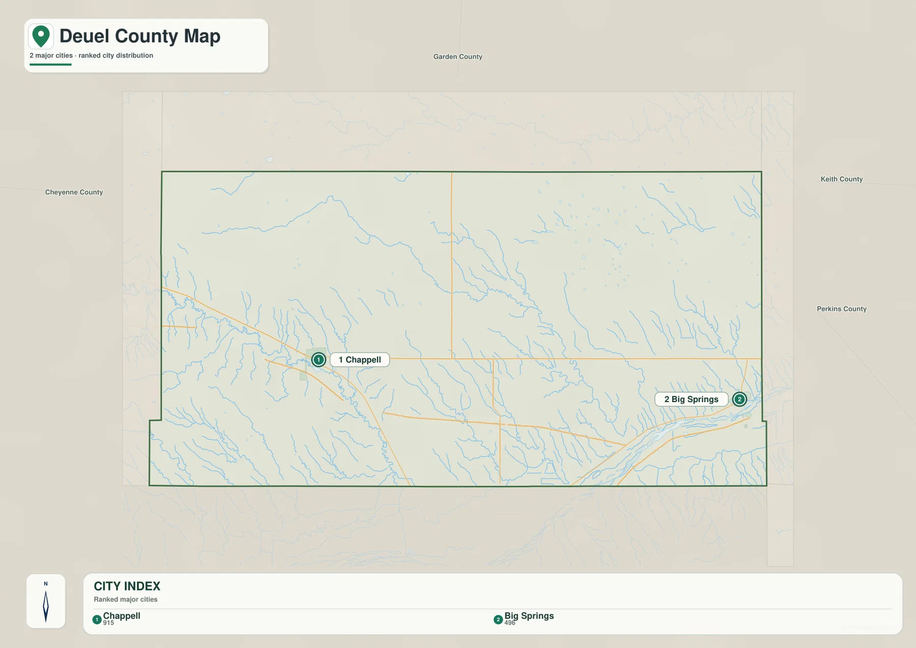 Deuel County city distribution map ranking Chappell and Big Springs