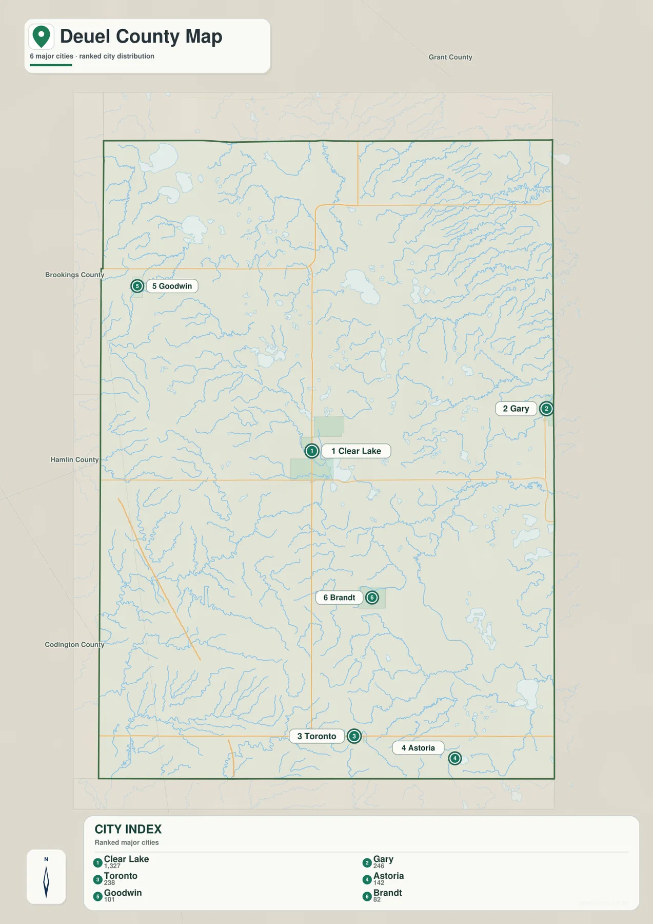 Clear Lake, Gary, Toronto, Astoria, Goodwin, Brandt의 위치와 도시 인덱스를 보여 주는 듀얼 카운티 도시 지도