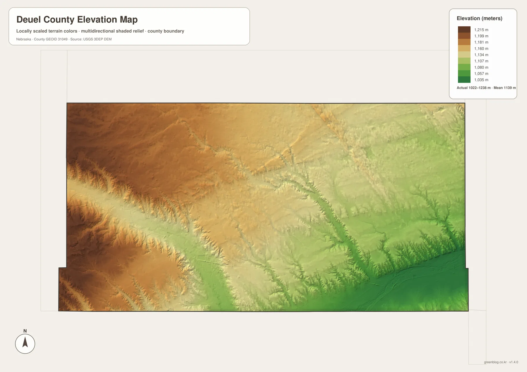Deuel County elevation map showing high western and northwestern terrain and the lower South Platte River plain in the southeast
