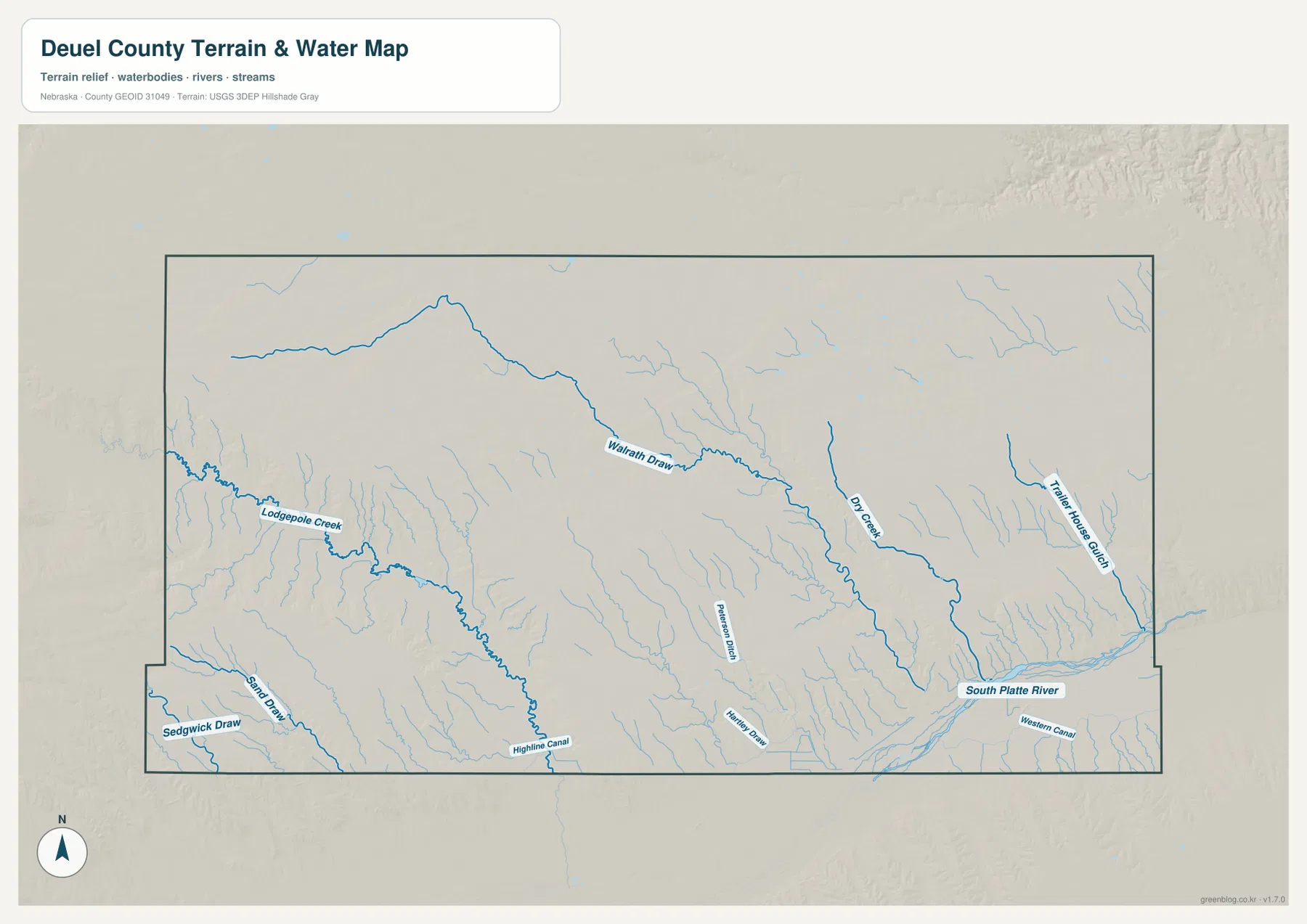 Deuel County water map showing Lodgepole Creek, South Platte River, Warpath Draw, Dry Creek, Thirty Horse Gulch, Highline Canal, and Western Canal