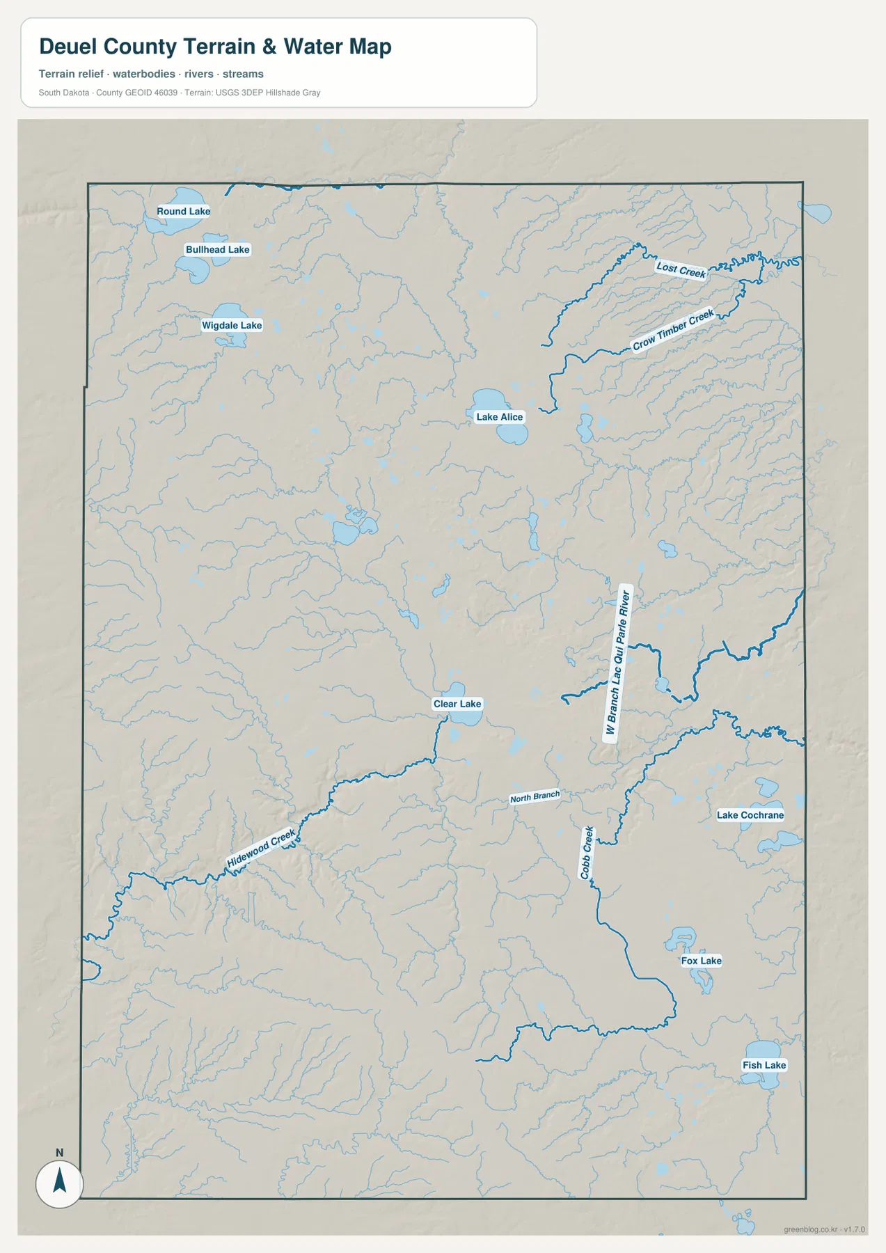 Round Lake, Bullhead Lake, Wigdale Lake, Lake Alice, Lake Cochrane, Fox Lake, Fish Lake와 Lac Qui Parle River 계통이 표시된 듀얼 카운티 수역 지도