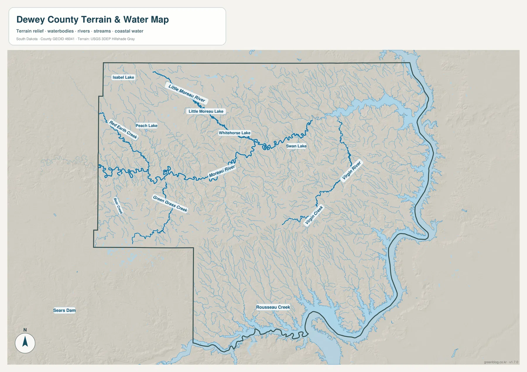 Moreau River, Little Moreau River, Virgin River, Red Earth Creek, Green Grass Creek, Isabel Lake, Whitehorse Lake와 Swan Lake가 표시된 듀이 카운티 수역 지도