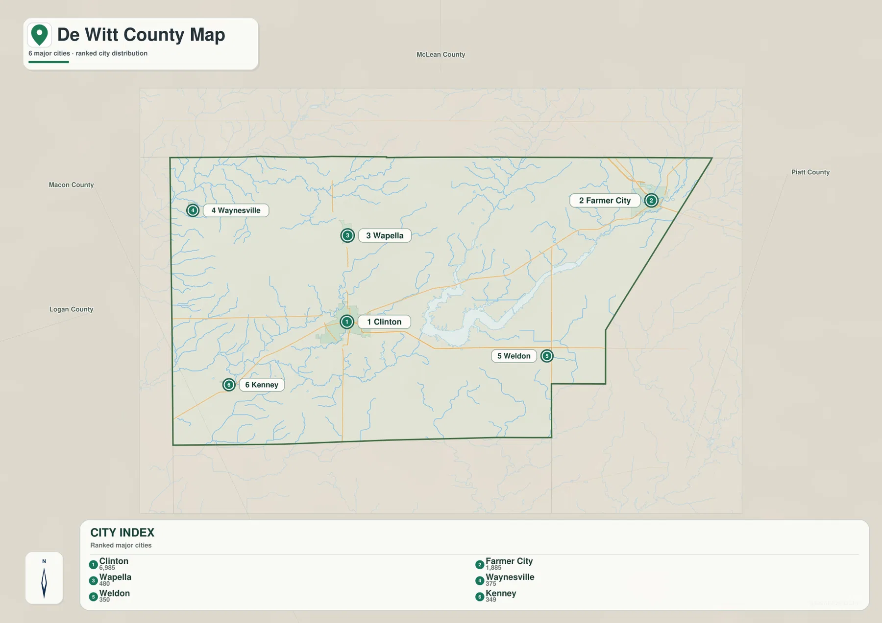 De Witt County Illinois city map ranking Clinton, Farmer City, Wapella, Waynesville, Weldon, and Kenney