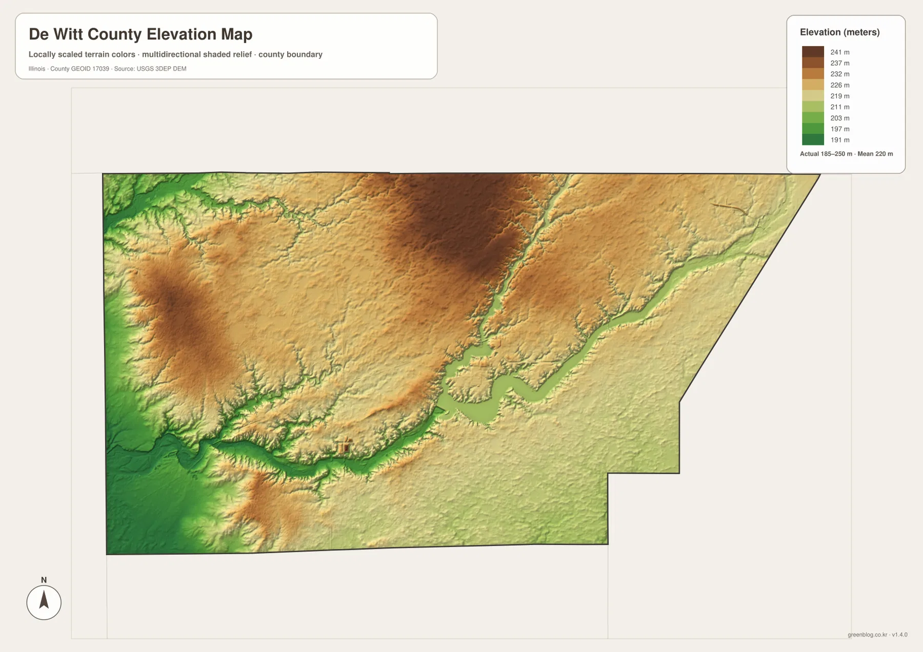 De Witt County Illinois elevation map showing high north-central terrain and lower Salt Creek and Lake Clinton valleys across an actual range of about 185 to 250 meters